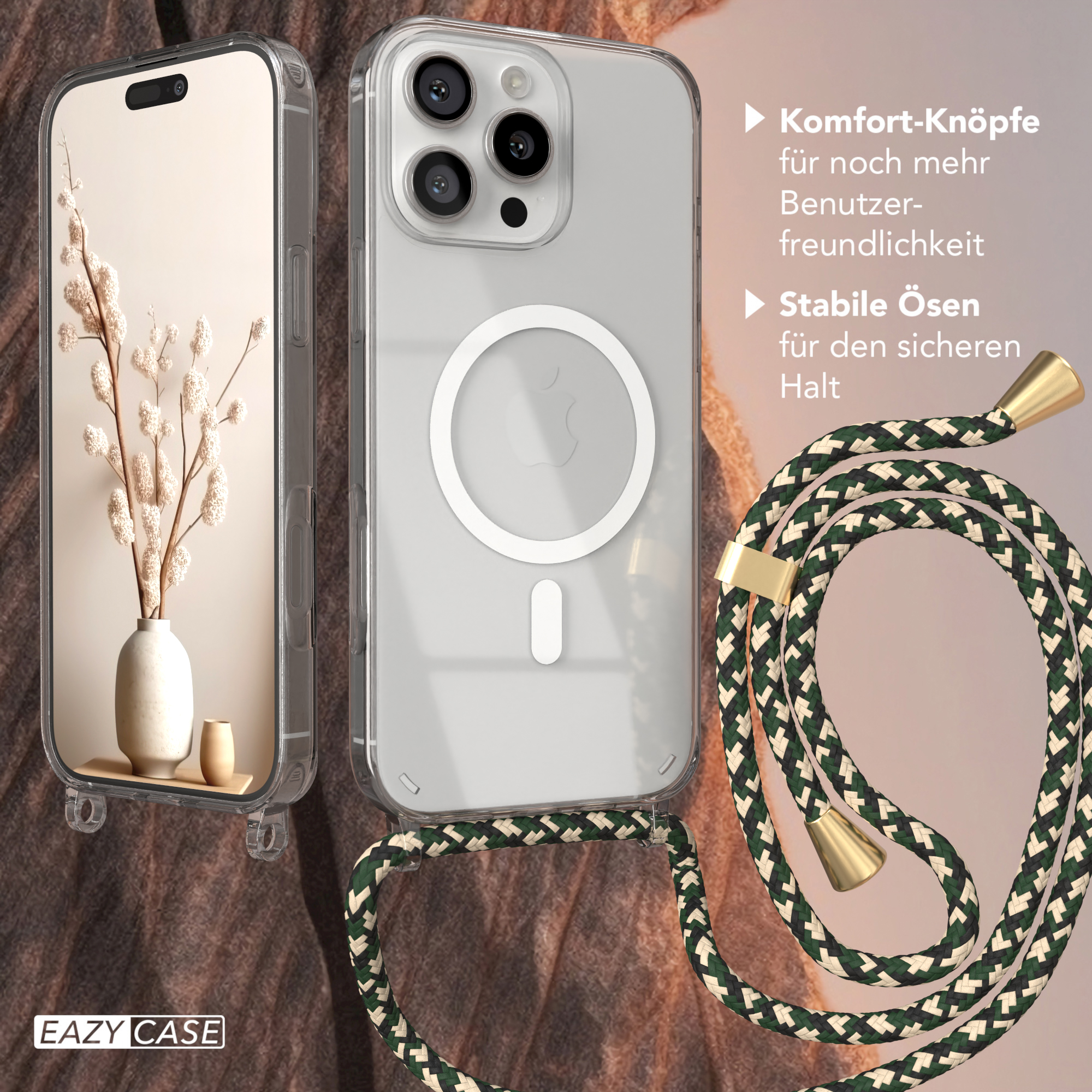 Handyhülle mit grün-weißem Band. Weißes Telefon in klarer Hülle mit Vase.