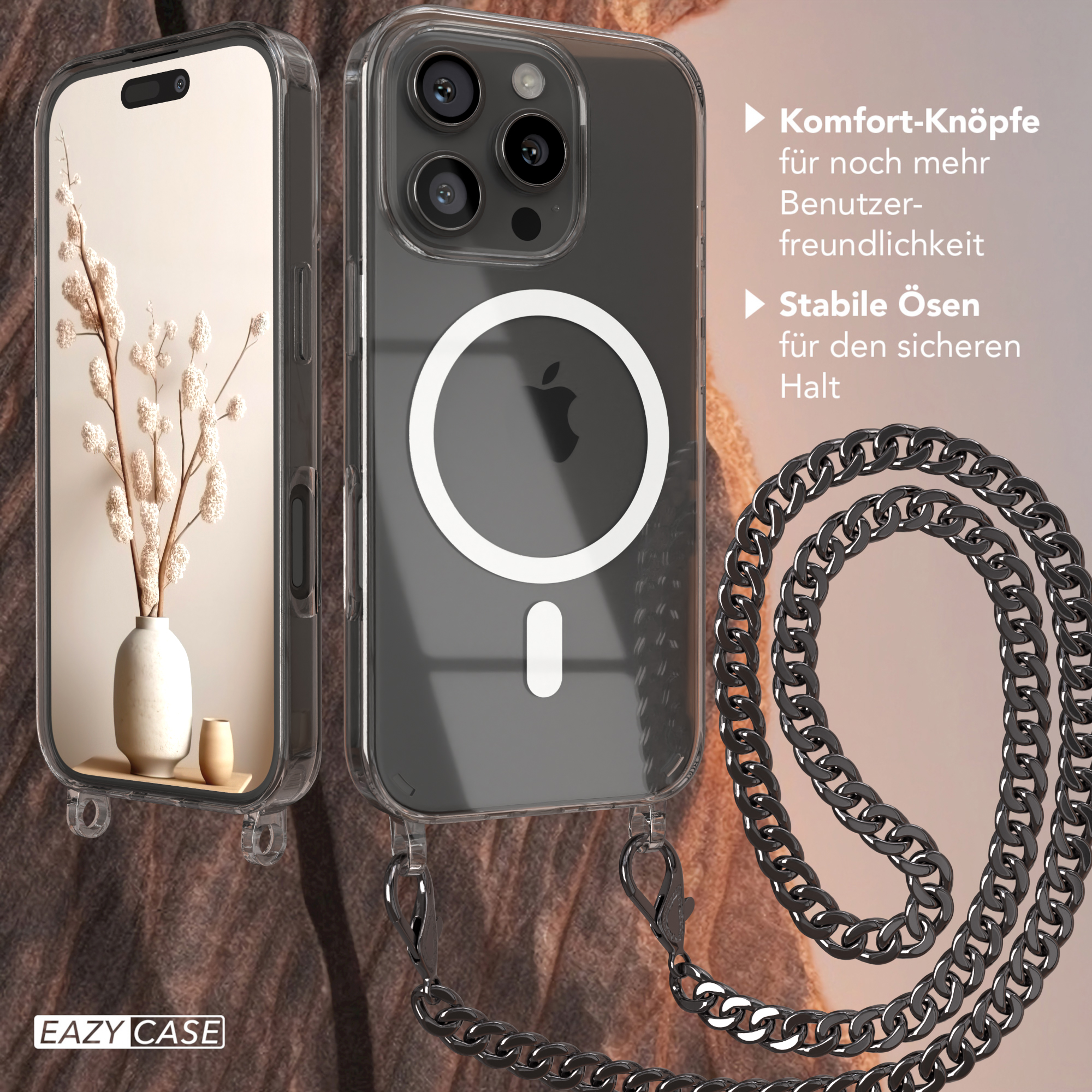 Telefon mit Hülle und Kette. Die Hülle hat eine transparente Rückseite. Text: "EAZY CASE".