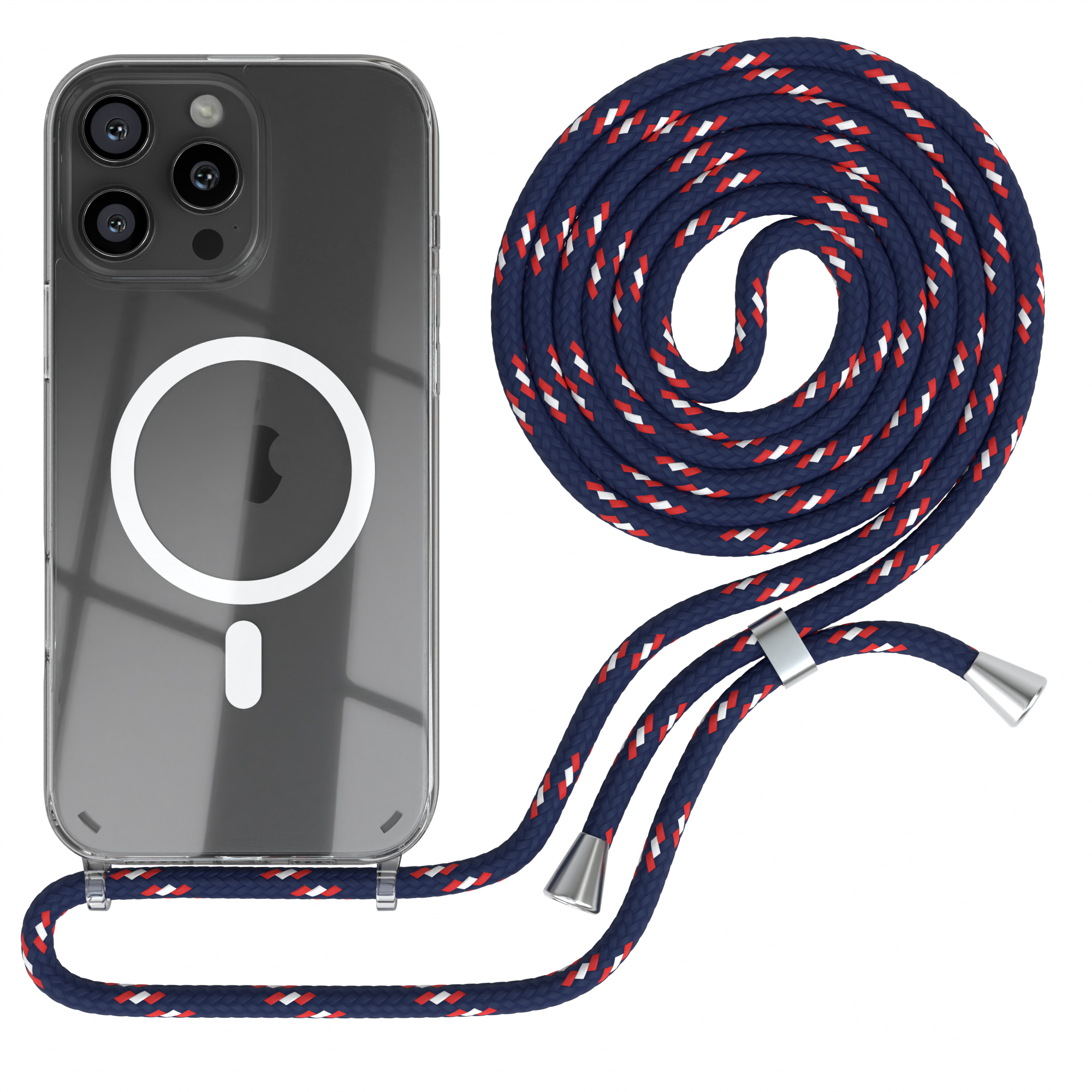 Transparente Handyhülle mit marineblauem, weißem und rotem Seilriemen. Telefon hat drei Kameras.