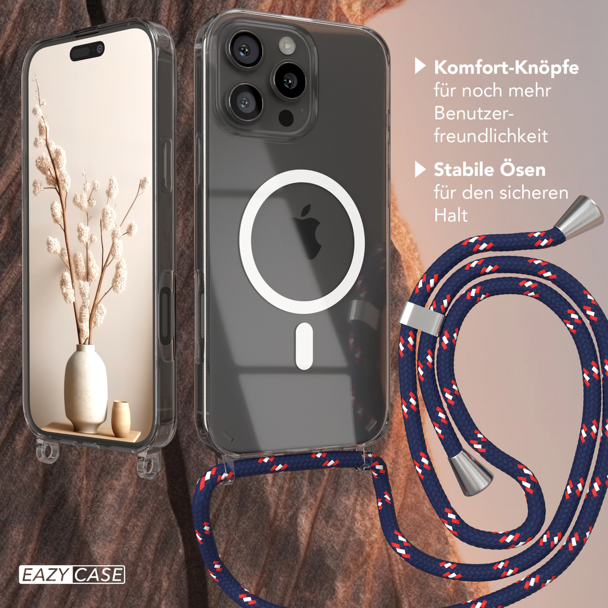 Eine Handyhülle mit einem Trageriemen. Die Handyhülle ist transparent und hat ein weißes Kreisdesign.