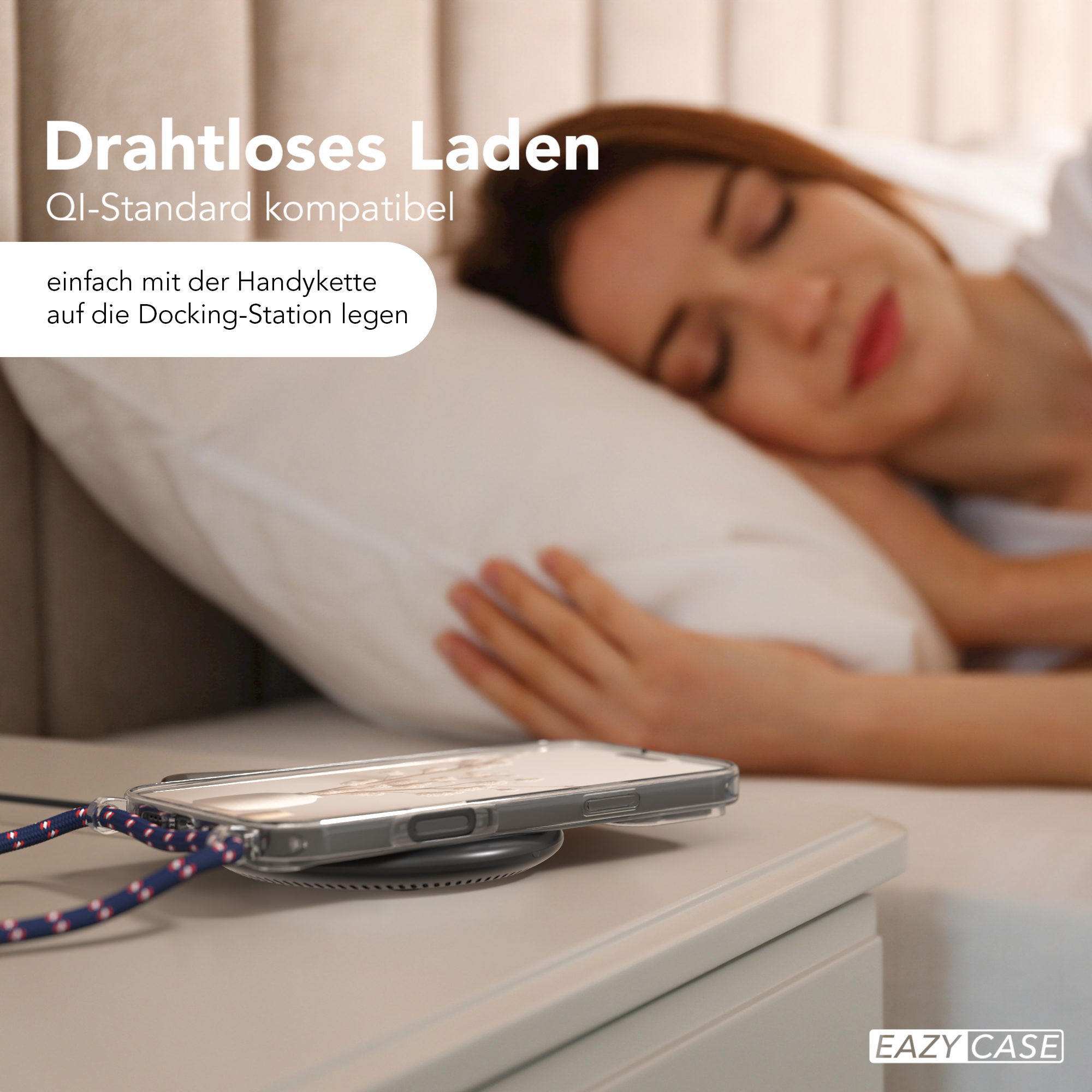 Frau schläft in der Nähe eines Telefons, das auf einem Nachttisch geladen wird. Transparente Handyhülle im Blick.