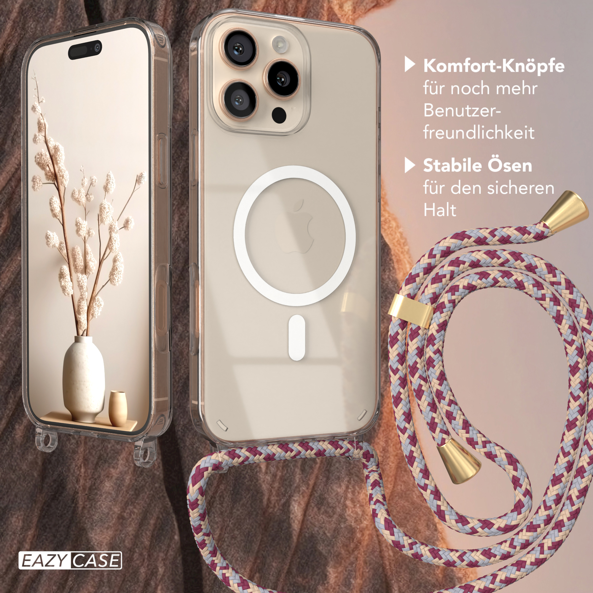 Zwei Handyhüllen mit einem Schlüsselband. Ein Gehäuse hat ein Telefon mit einer Vase und Blumen. Das Kabel hat goldene Akzente.