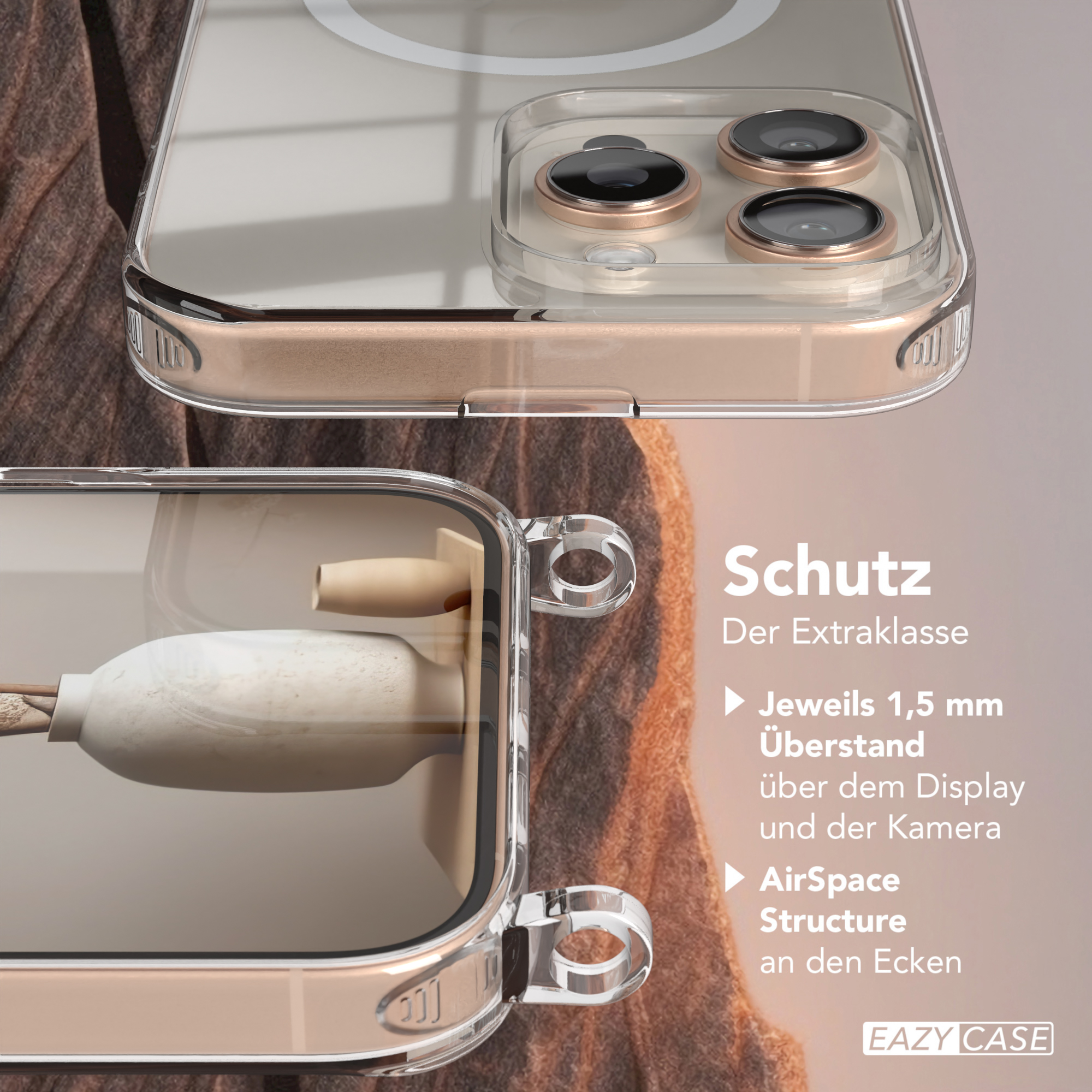 Transparente Handyhülle auf einem Telefon, mit Nahaufnahmen der Eigenschaften der Hülle.