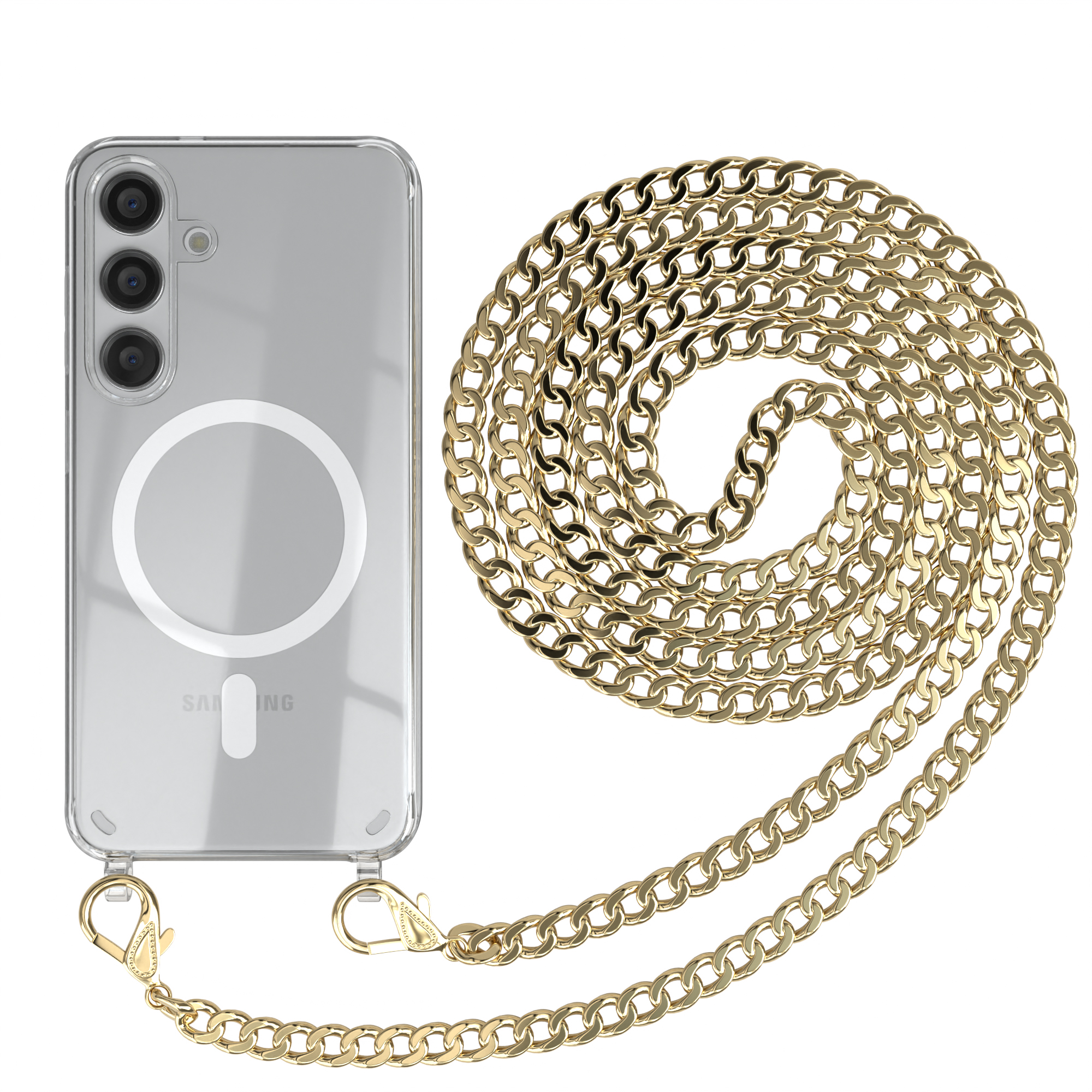 Transparente Handyhülle mit goldener Kettenband. Hülle hat Kamera und Ladekreis. Die Kette ist golden.