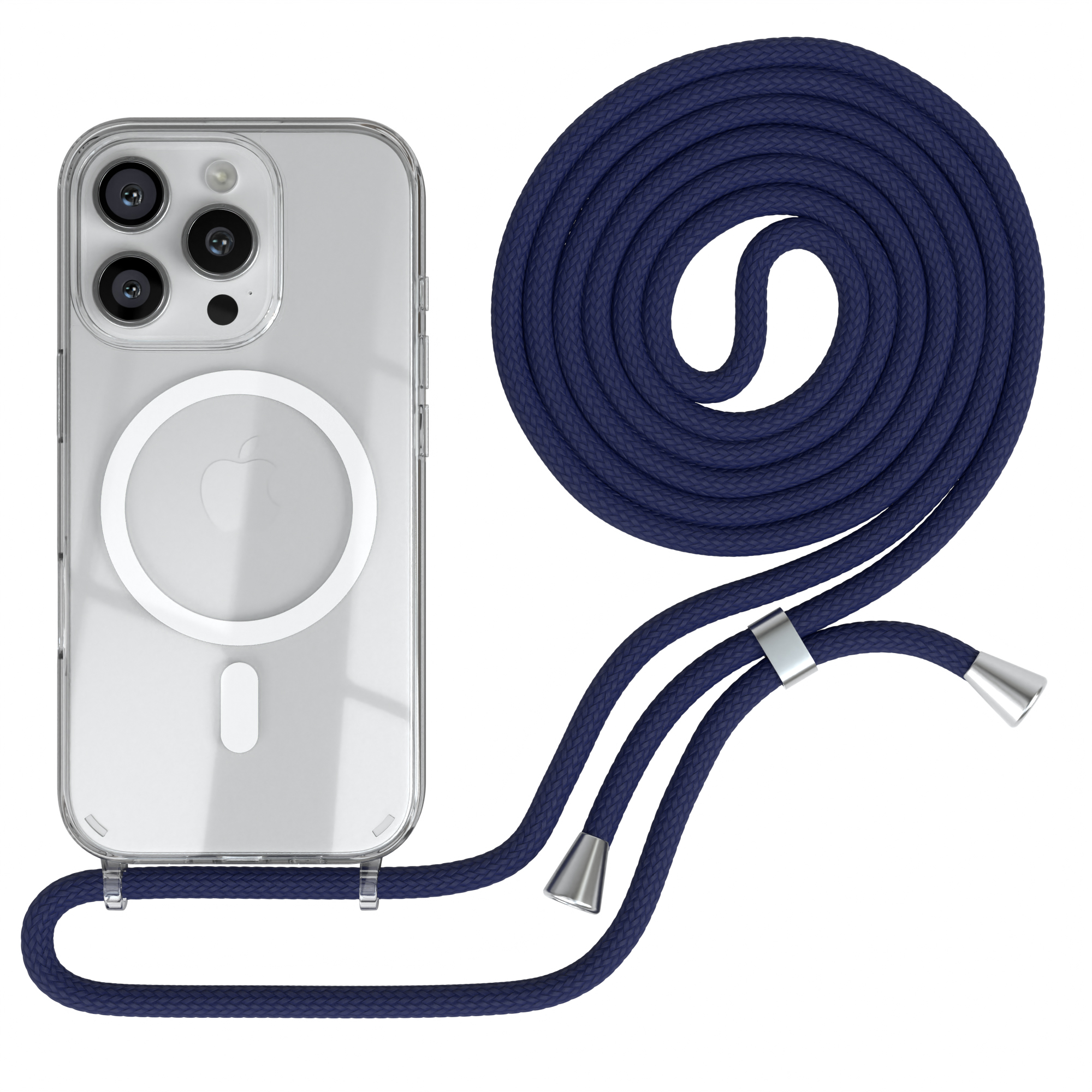 Transparente Handyhülle mit Lanyard. Das Lanyard ist dunkelblau mit silbernen Metallenden.