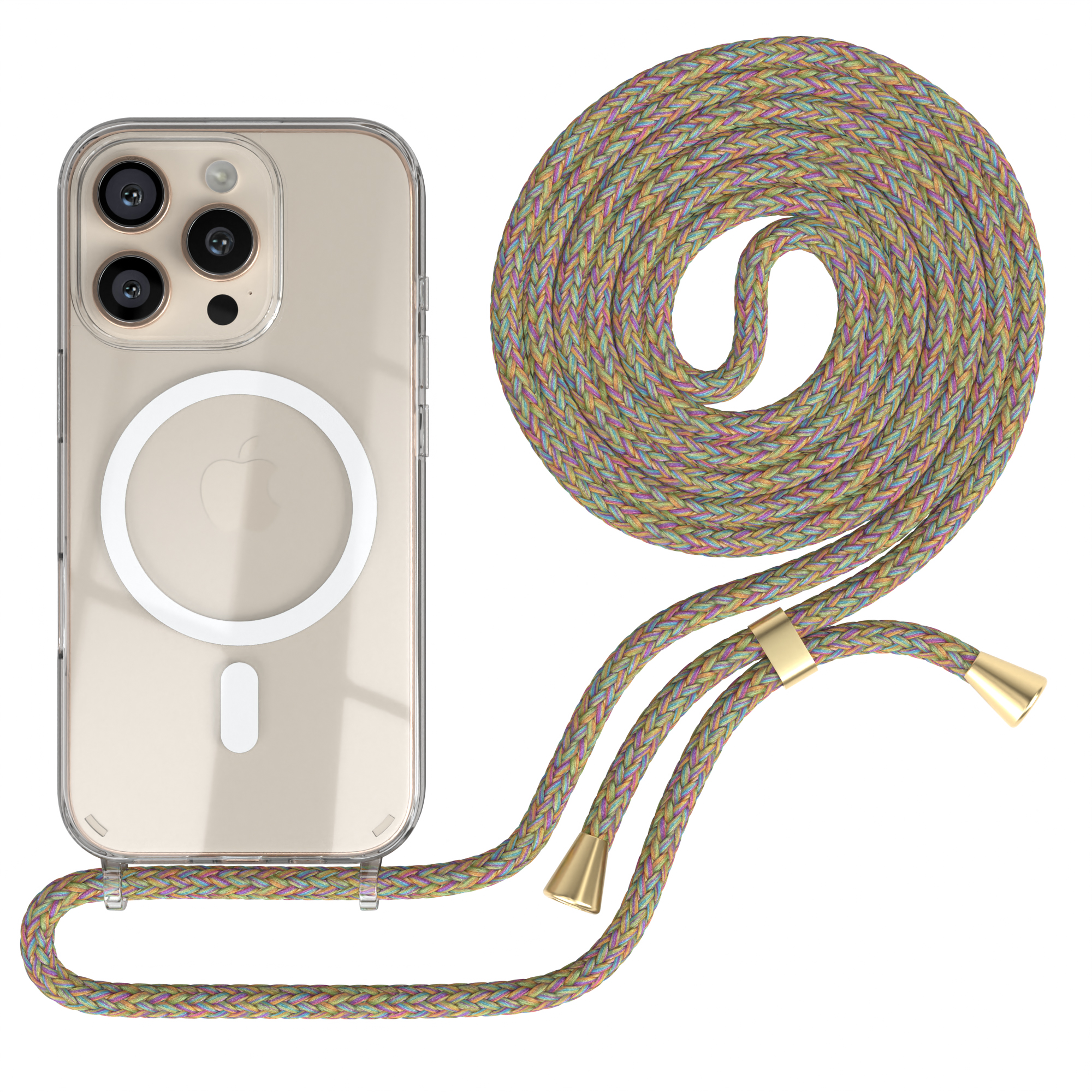 Transparente Handyhülle mit farbenfrohem geflochtenem Lanyard. Das Lanyard ist aufgerollt.