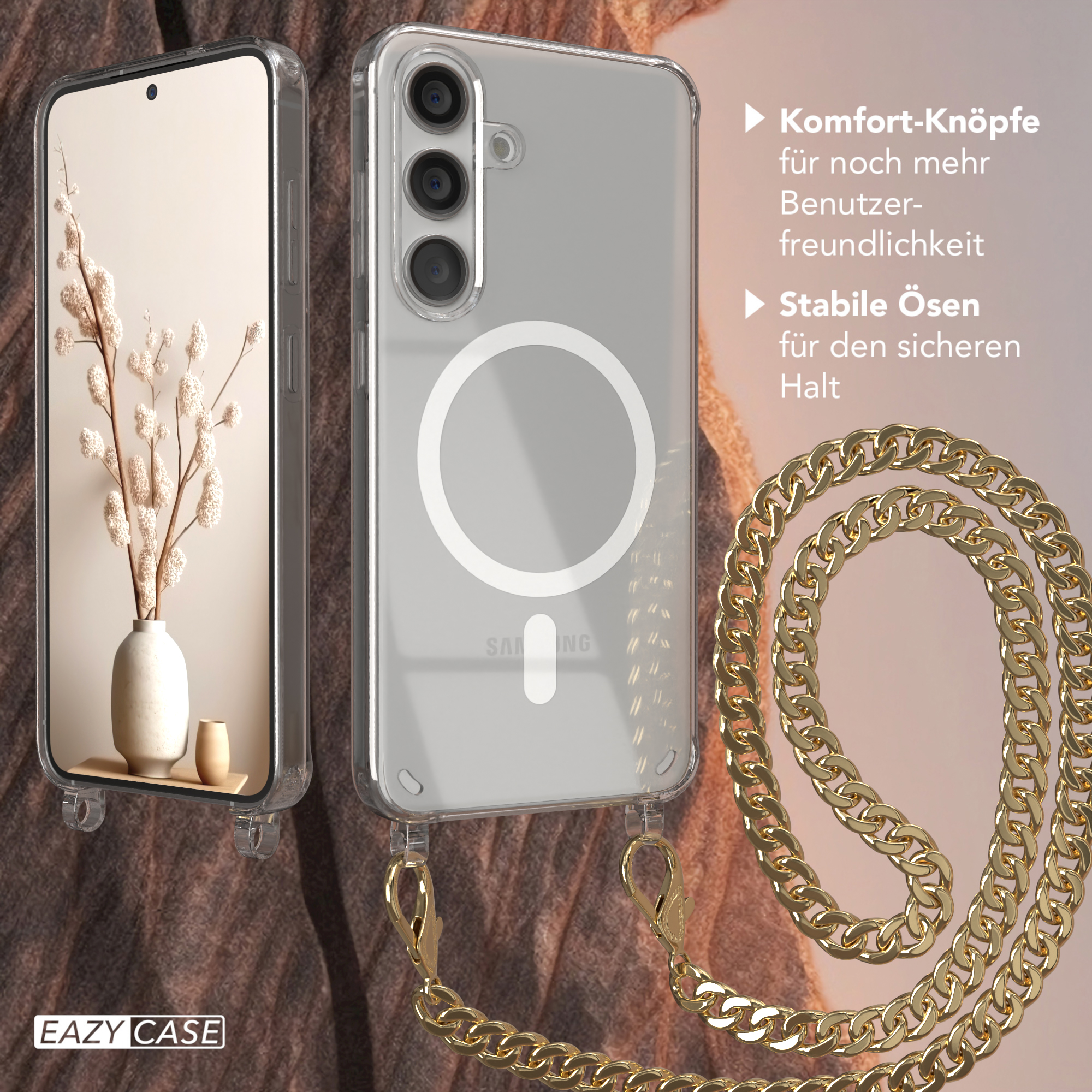 Ein Telefon mit Hülle und goldener Kette. Das Telefon zeigt eine Vase mit Blumen.