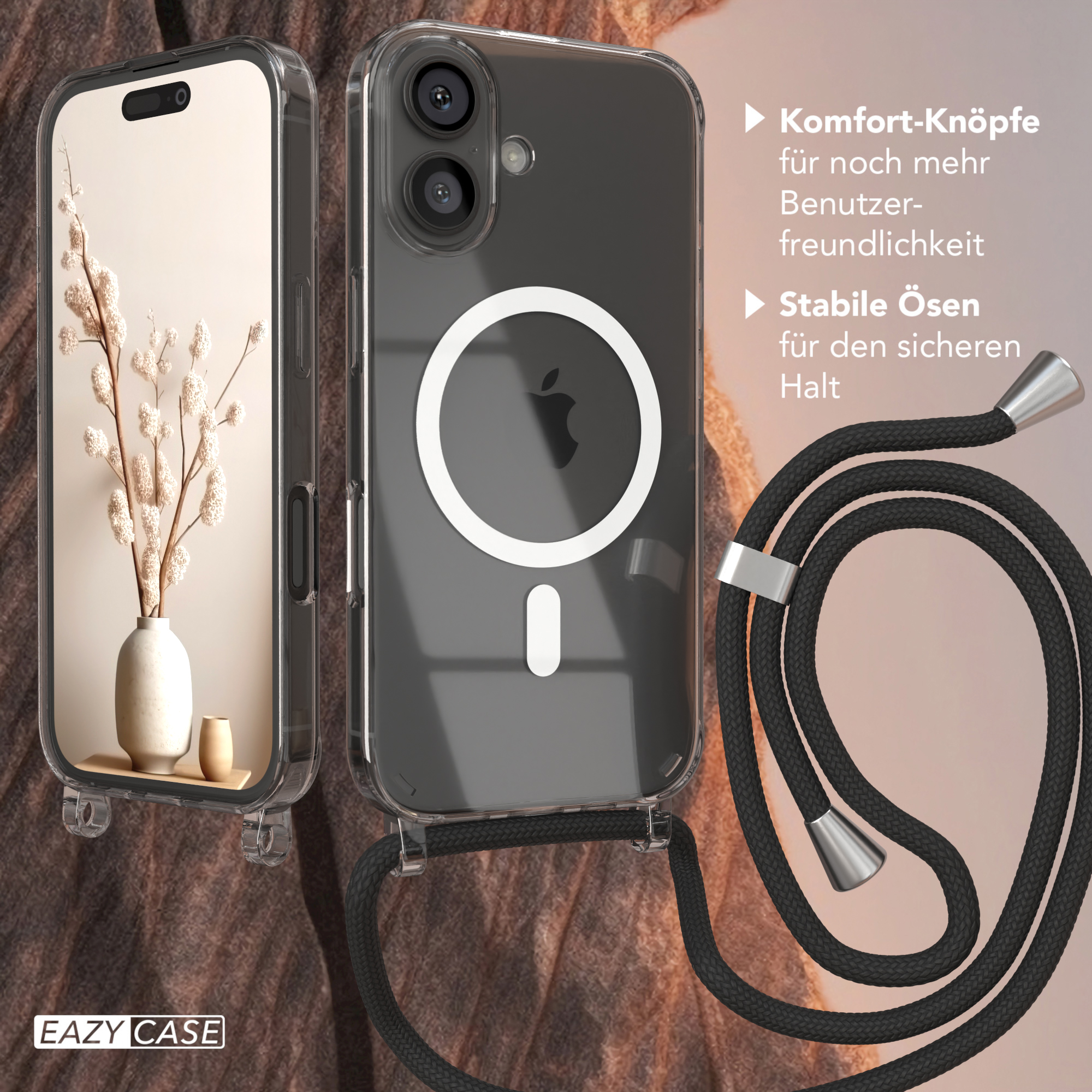 Zwei Telefone in transparenten Hüllen mit einem Umhängeband und der Hüllenbox.