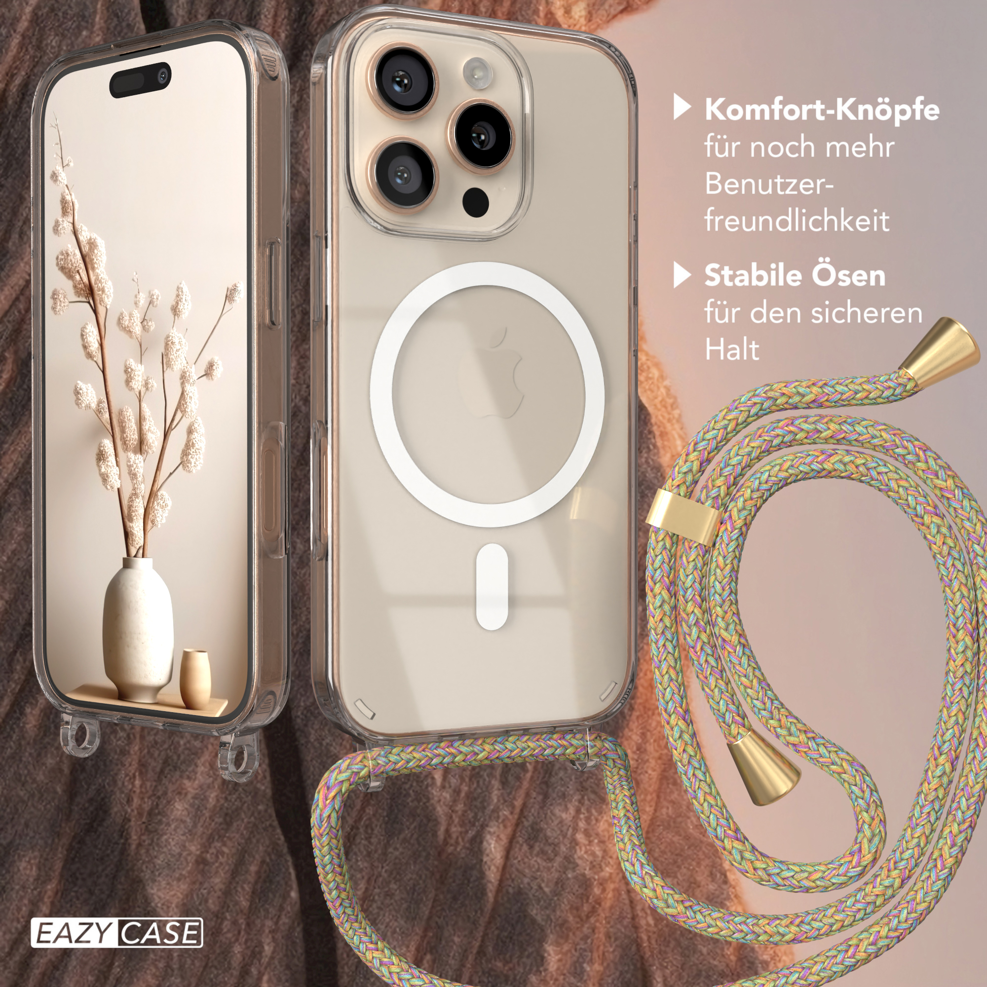 Transparente Handyhülle mit iPhone und weißer Vase mit Blumen. Text: Komfort-Knöpfe, Stabile Ösen. EAZY CASE Logo.