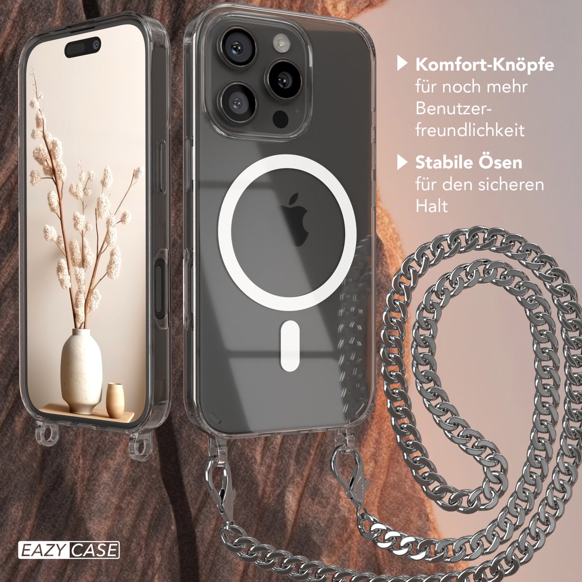 Zwei Telefone mit Hülle und Kette, und eine Vase mit Pflanze auf dunkler Oberfläche.