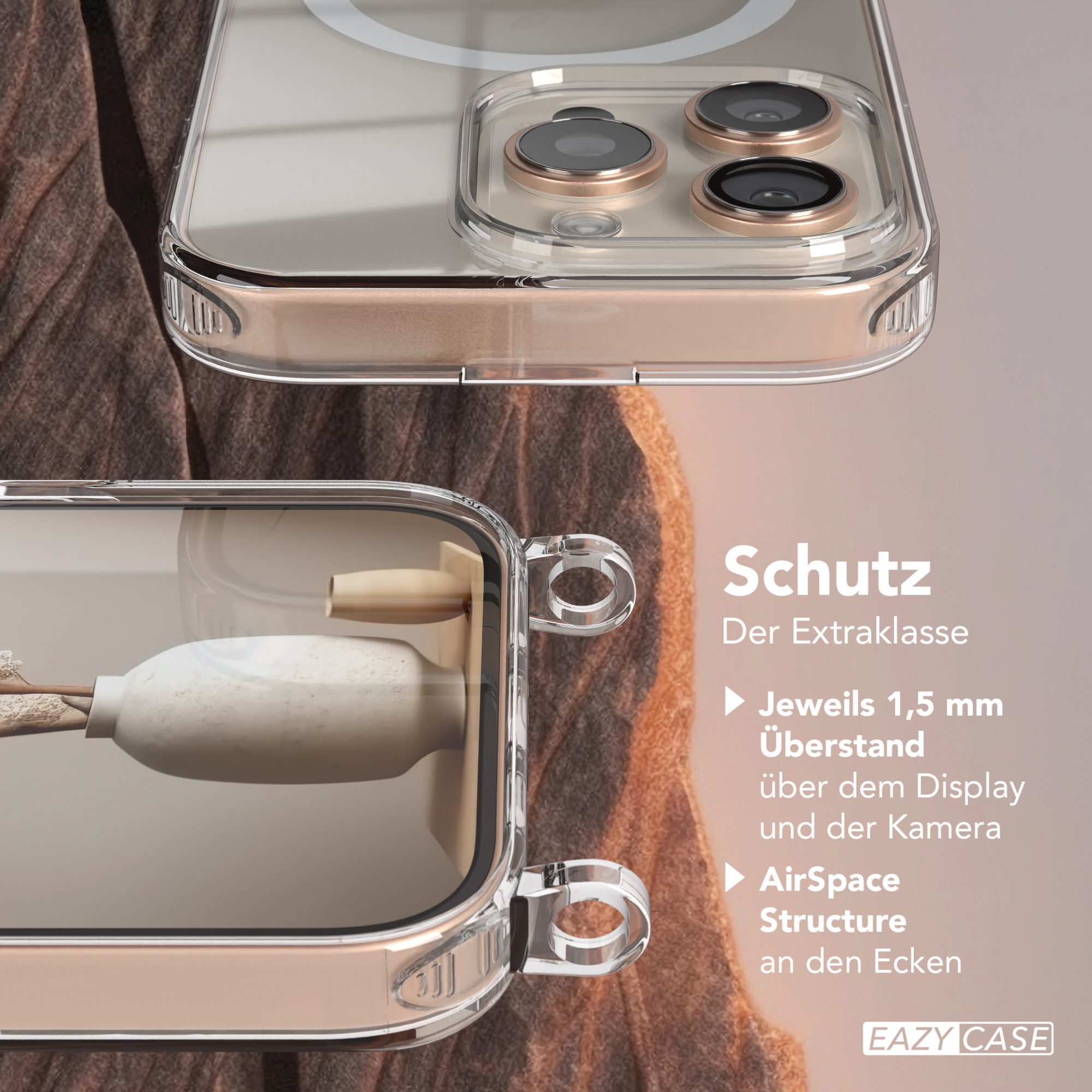 Transparente Handyhülle mit Vase und Text Schutz. Weißer Hintergrund. Eazy Case Logo.