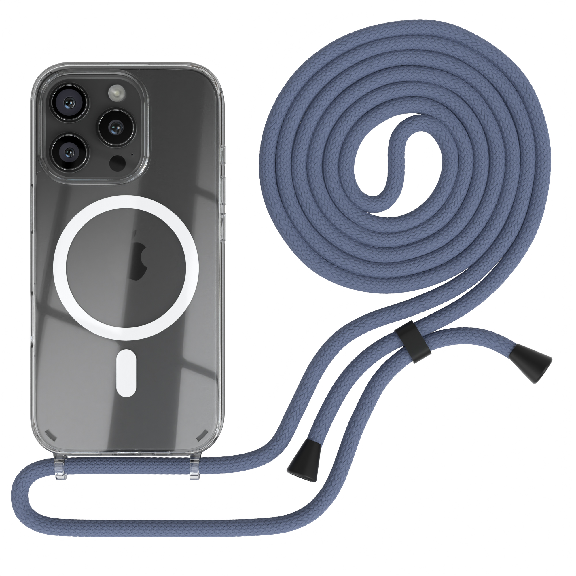 Eine transparente Handyhülle mit blauem Kabel, befestigt an einem Telefon mit weißem Kreis.
