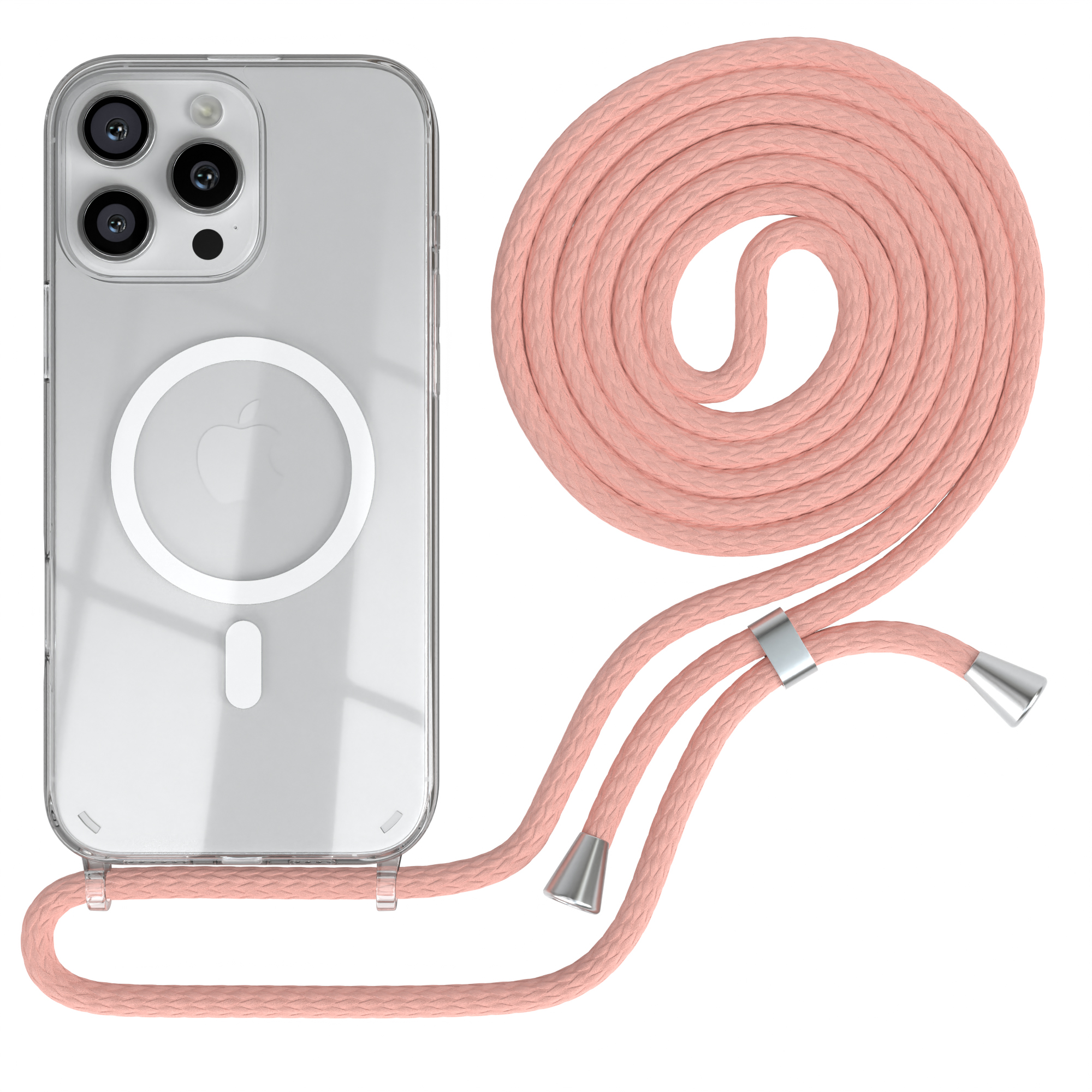 Transparente Handyhülle mit rosa Band. Handyhülle hat Kameraausschnitt und weißen Kreis.