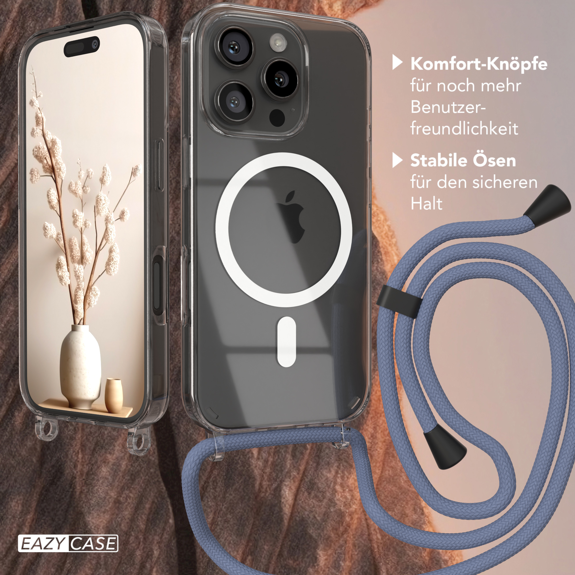 Eine transparente Handyhülle mit einem blauen Band. Ein Telefon ist darin, das eine Pflanze zeigt.
