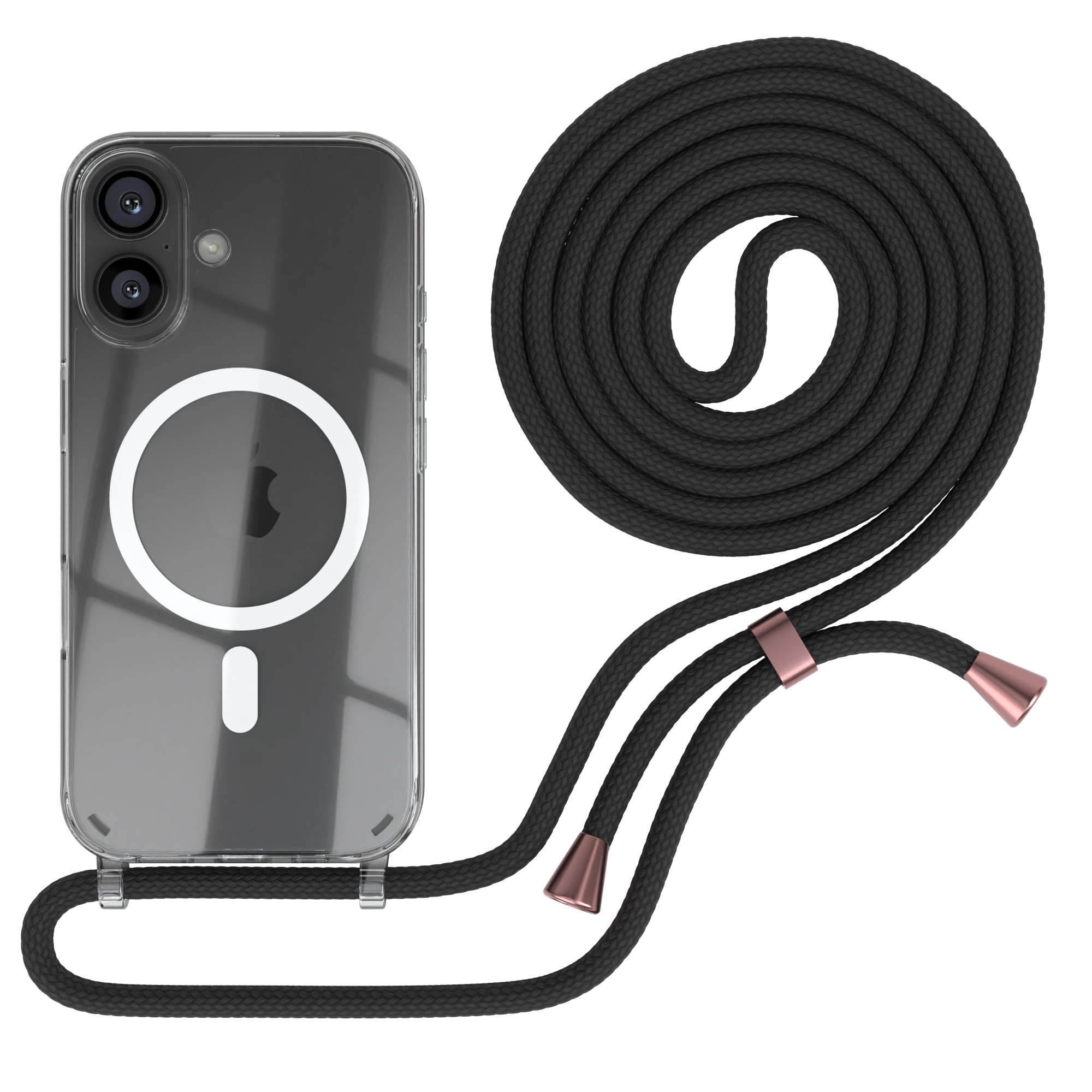 Telefon in transparenter Hülle mit schwarzem Kabel und roségoldenen Akzenten, weißer Hintergrund.