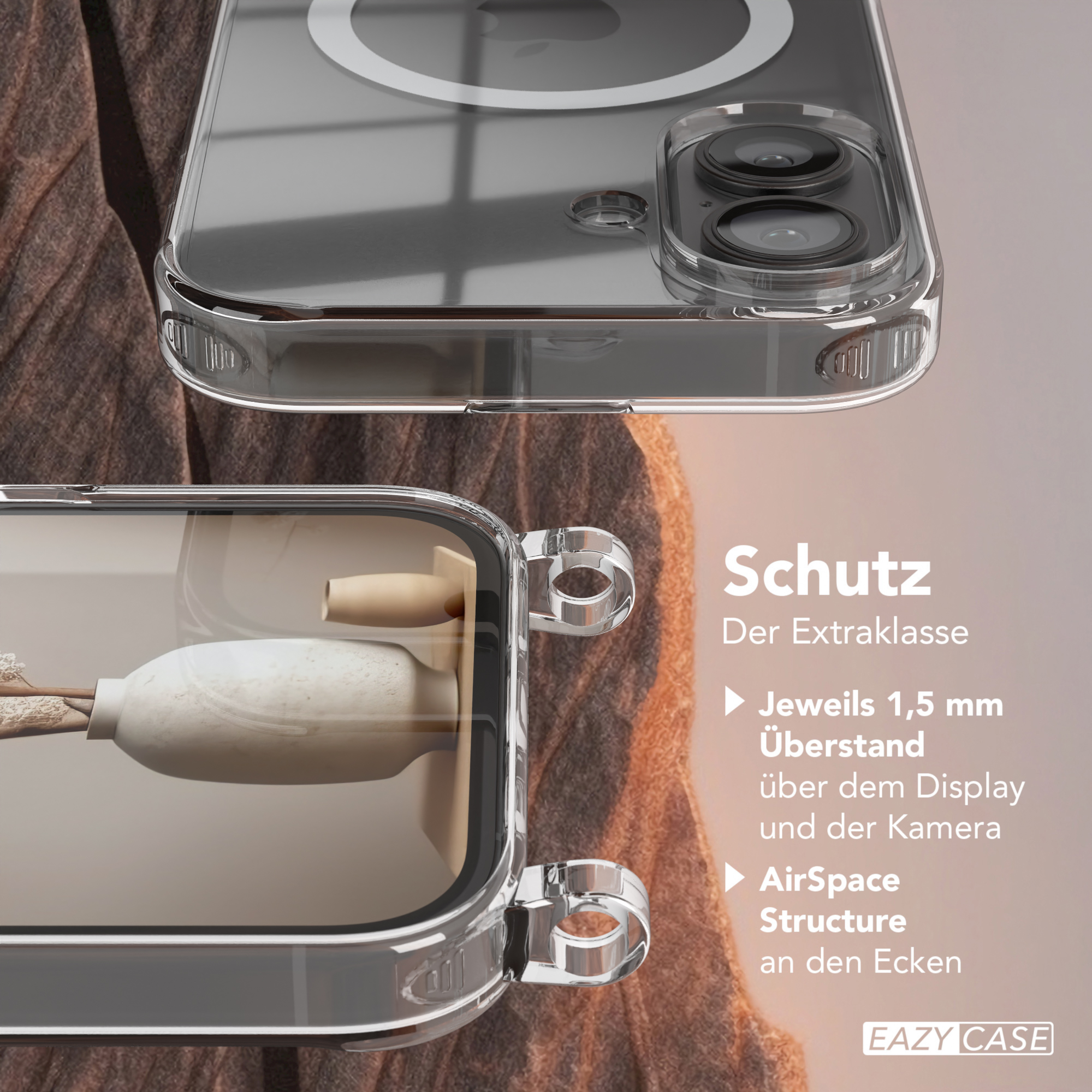 Transparente Handyhülle, die die Rück- und Seitenansicht des Telefons zeigt, mit dem Text 'Schutz'.
