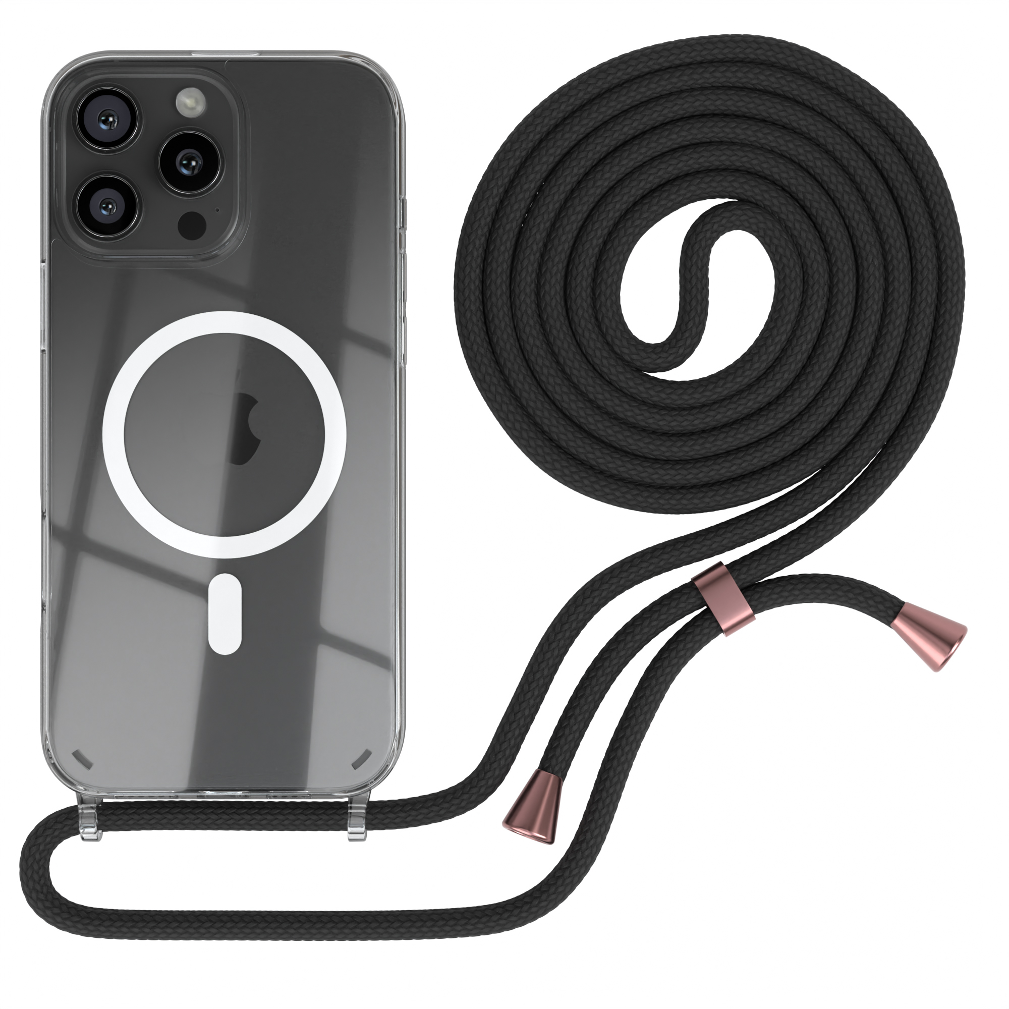 Transparente Handyhülle mit schwarzem Kabel und Akzenten. Das Kabel hat roségoldfarbene Details.