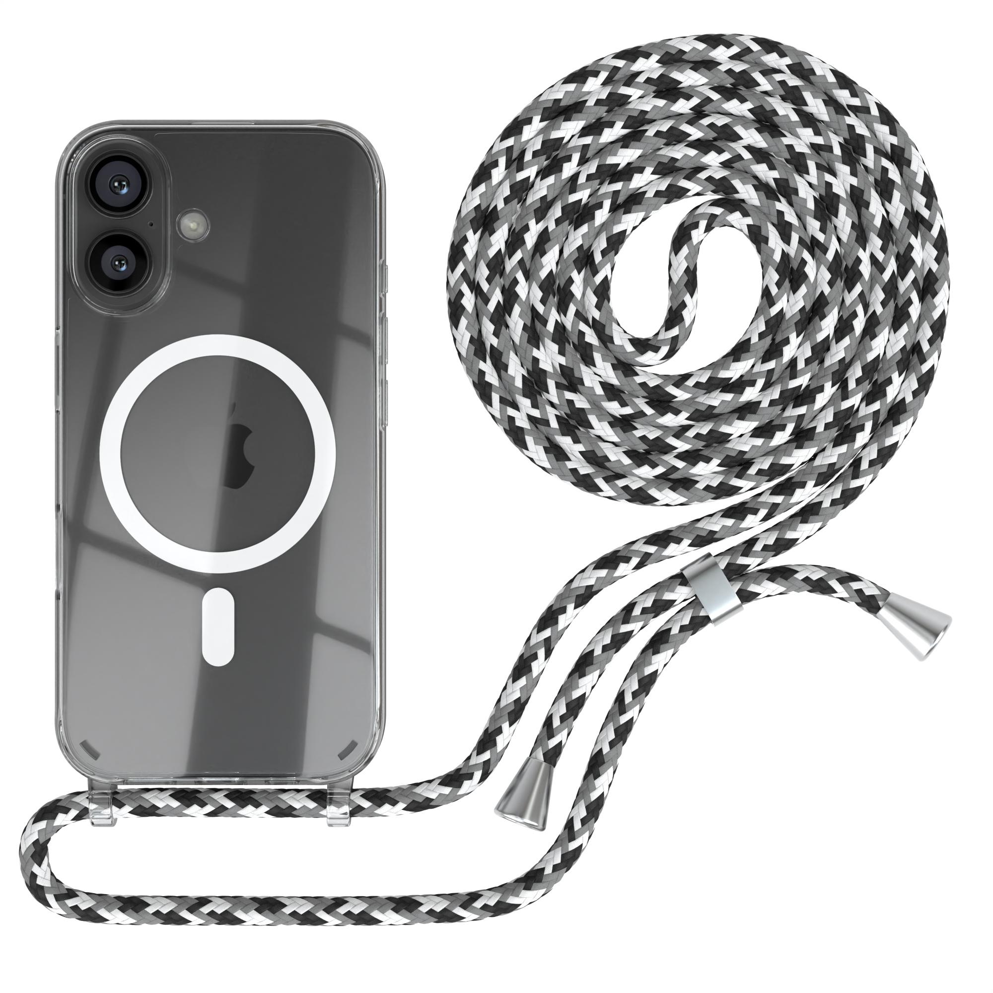Transparente Handyhülle mit schwarz-weißem Kabel. Das Kabel ist aufgerollt. Weißer Hintergrund.
