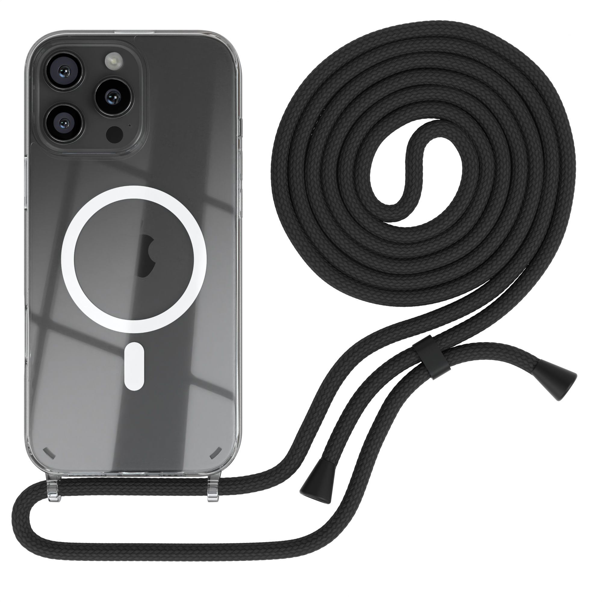 Schwarze Handyhülle mit schwarzem Kabel. Das Telefon ist transparent, das Kabel ist aufgerollt. Die Hülle hat einen Kameraausschnitt und ein Apple-Logo.