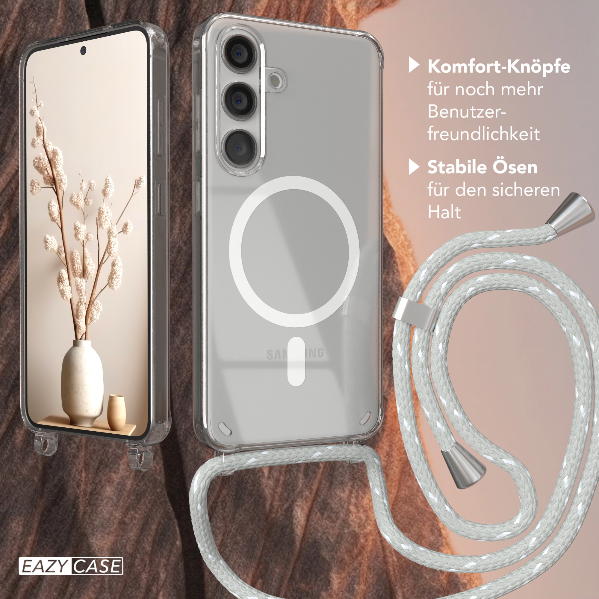 Ein Telefon mit klarer Hülle, eine Hülle mit Riemen und eine Blumenvase. Textüberlagerungen.