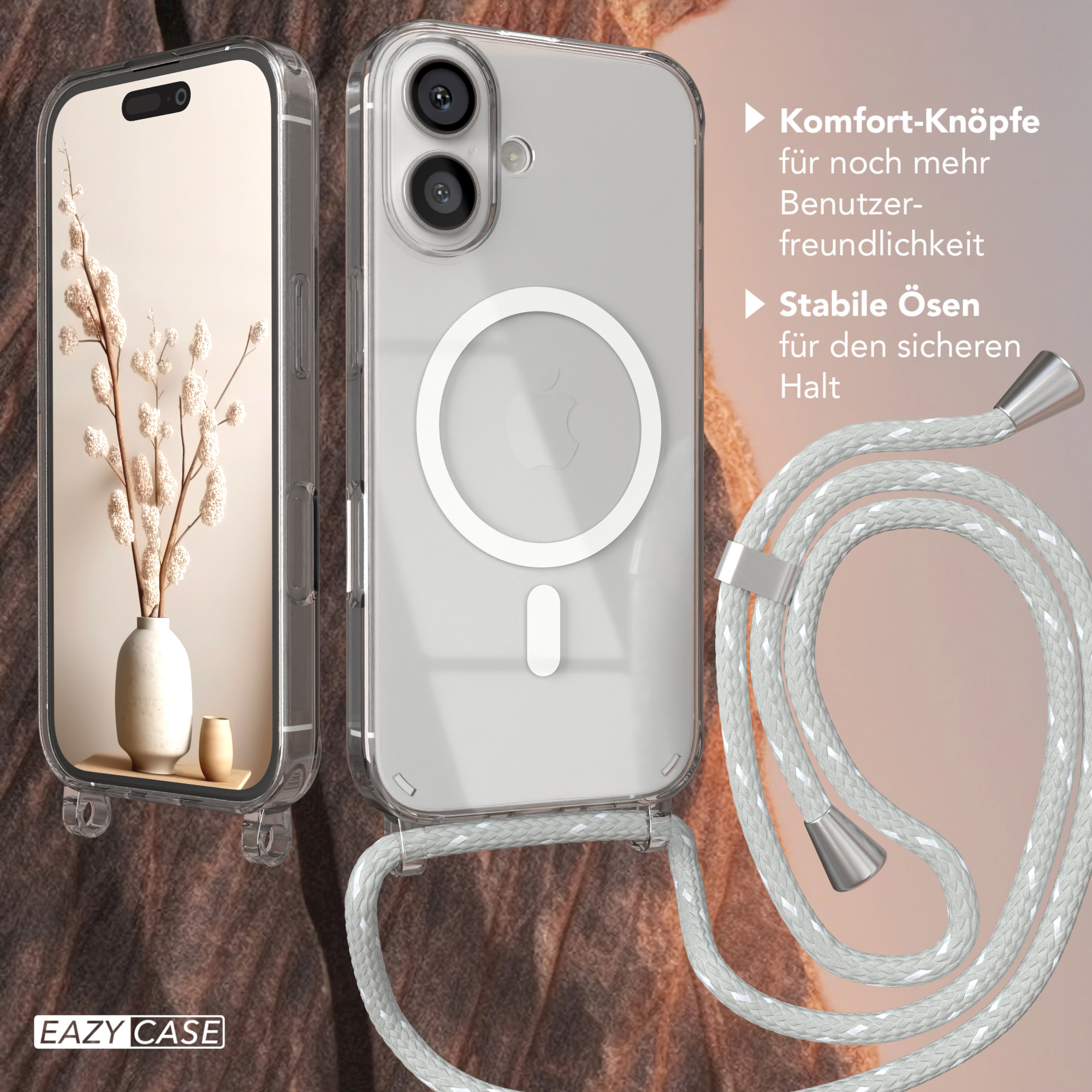 Handyhülle und Telefon mit Band. Eine Vase mit Blumen ist hinter dem Telefon.