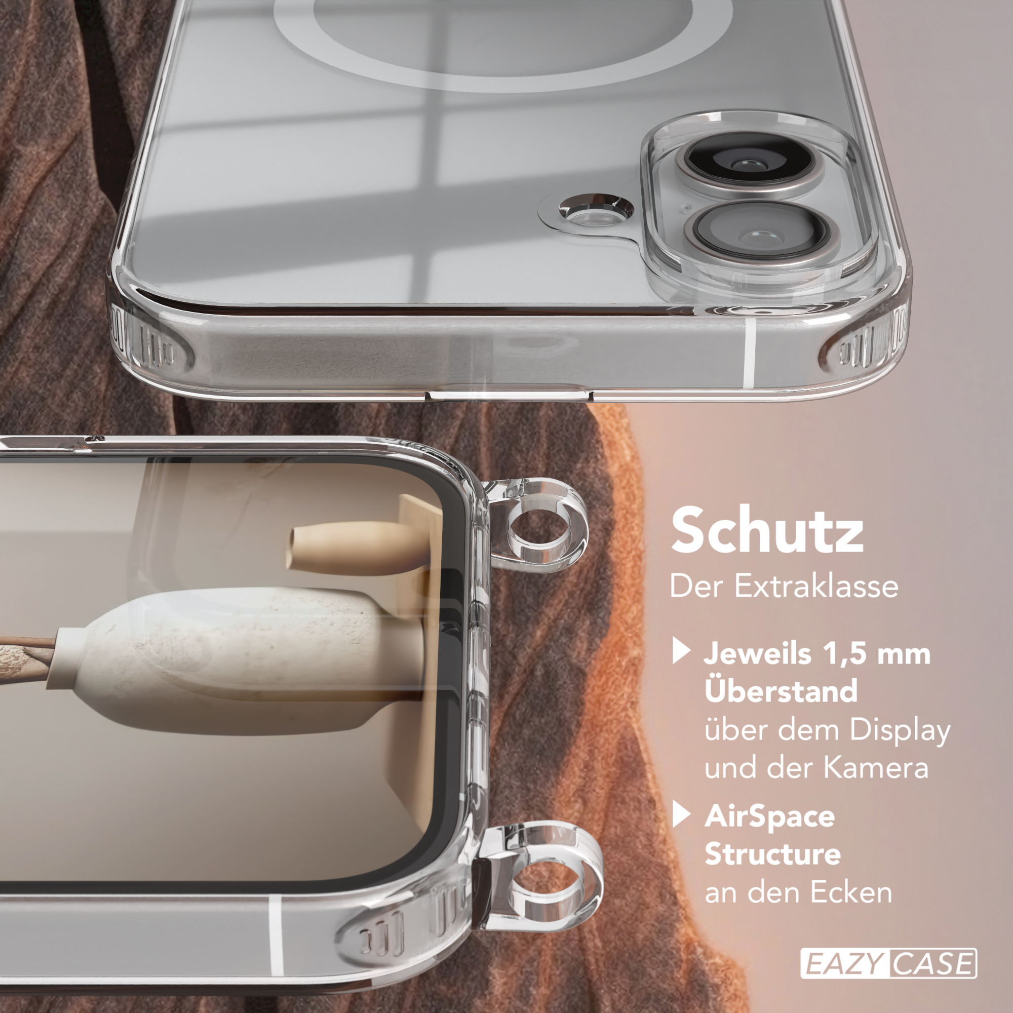 Nahaufnahme einer Handyhülle mit durchsichtigem Rücken, die ein dekoratives Detail zeigt.