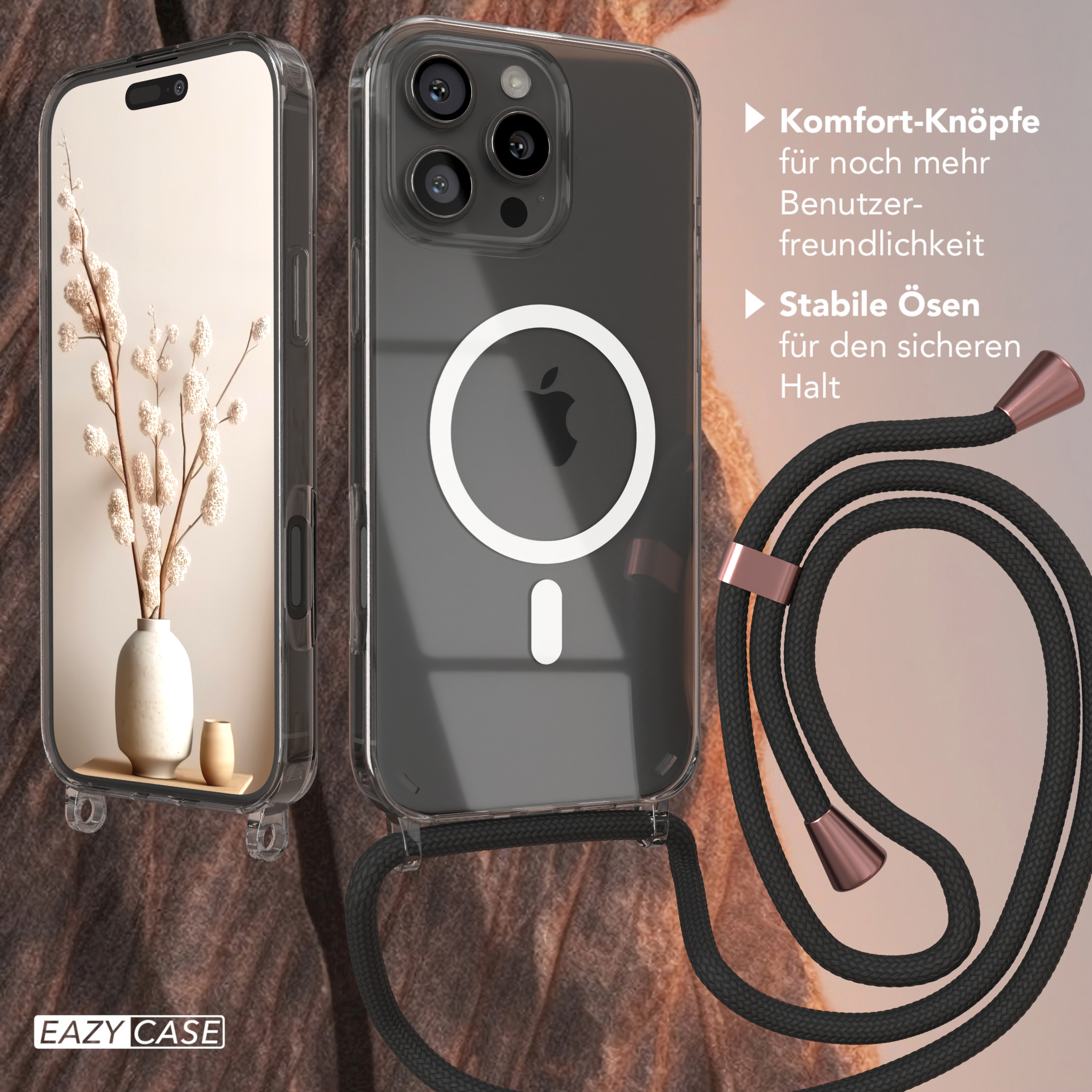 Klare Handyhülle mit schwarzem Schlüsselband. Ein Telefon ist darin. Rückseite hat weißen Kreis. Hintergrund unscharf.