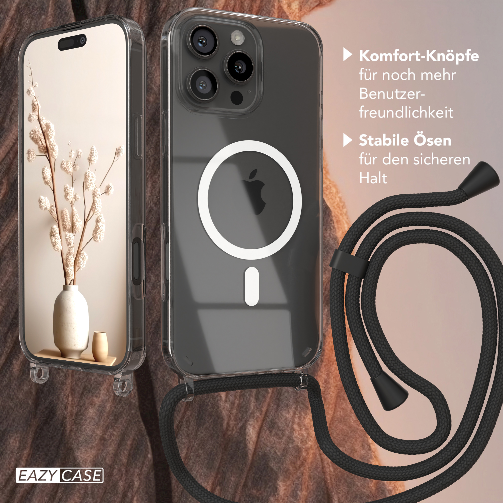 Transparente Handyhülle mit schwarzem Riemen, mit floralem Hintergrund.