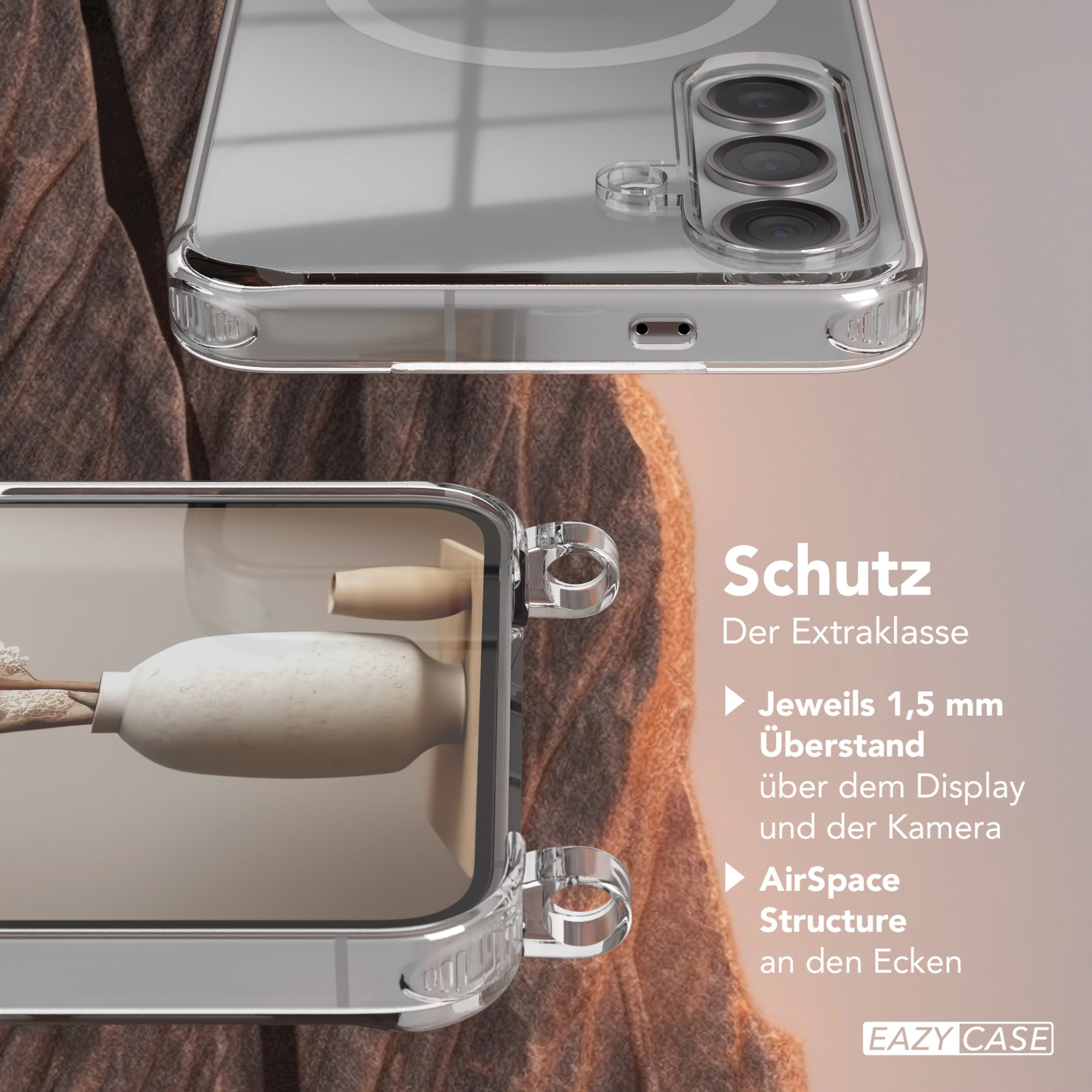 Transparente Handyhüllen, eine über der anderen, zeigen ein Telefon darin mit einer Vase in einer.