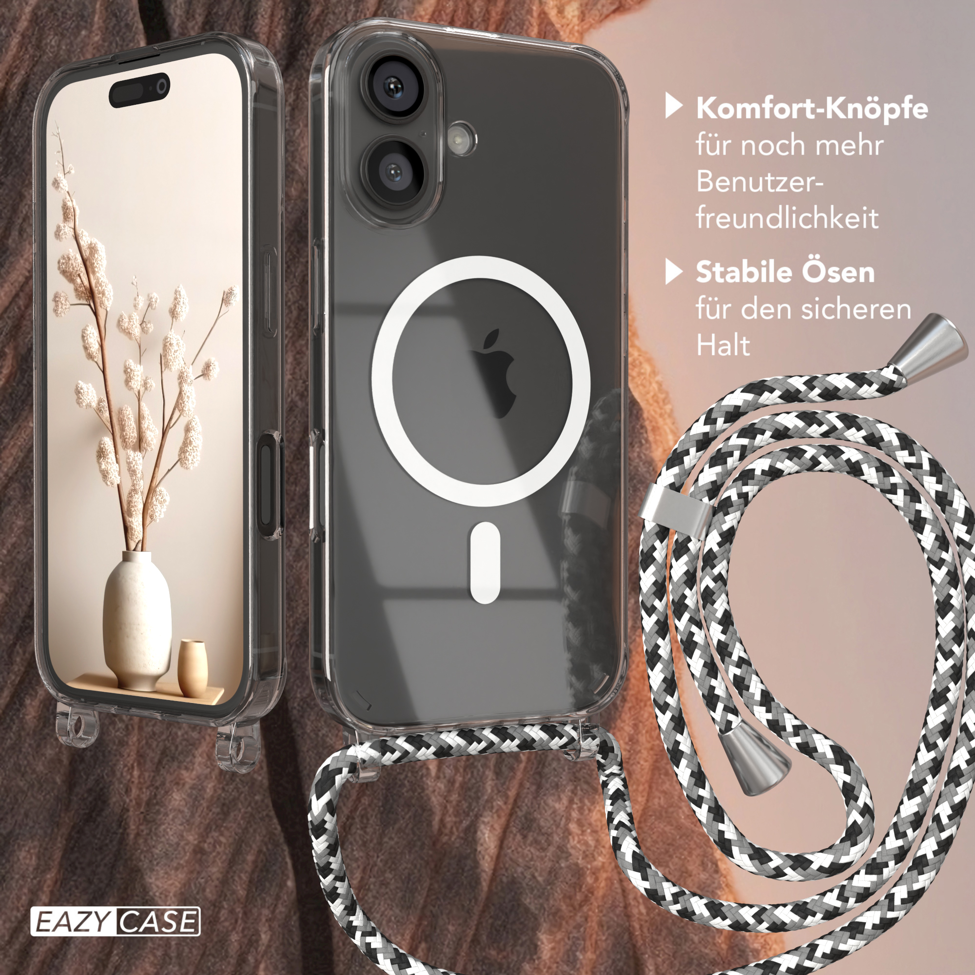 Zwei Handyhüllen mit einem Telefon. Eine transparente Hülle mit weißem Kreis. Ein Gurt ist befestigt.