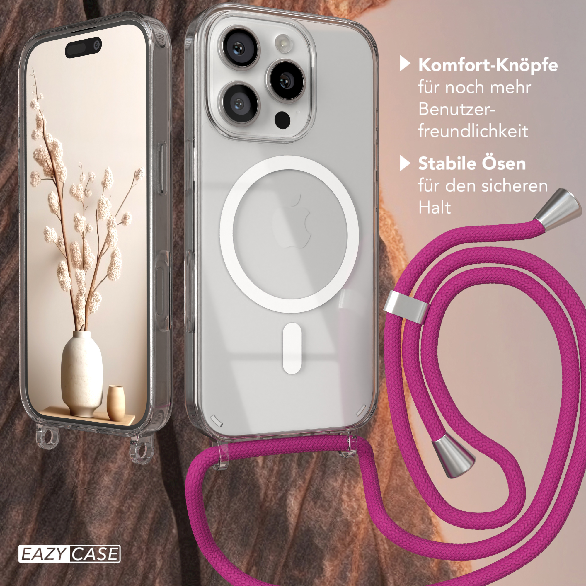 Smartphone-Hülle mit pinkfarbenem Riemen. Die Hülle ist transparent und der Riemen ist mit dem Telefon verbunden.