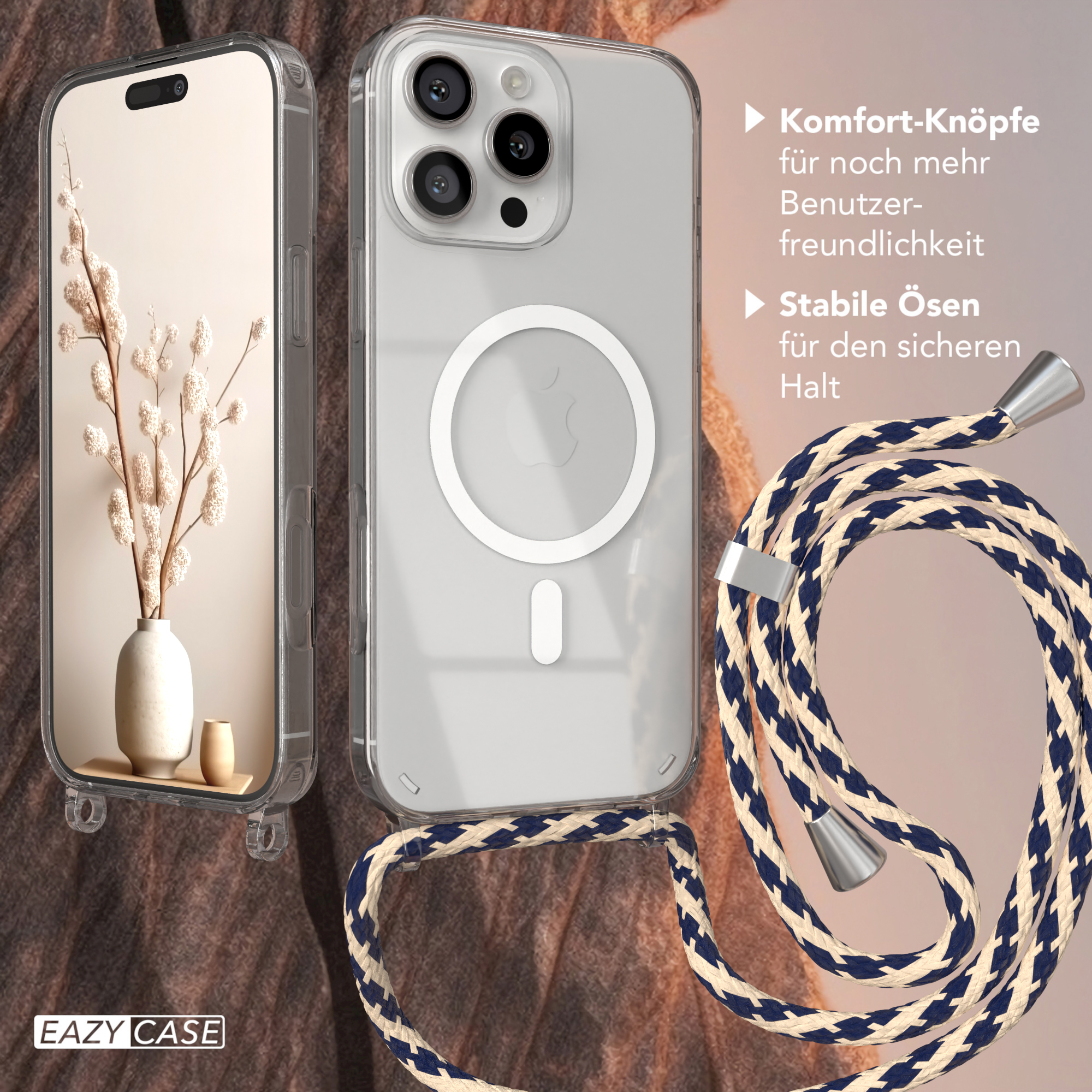 Handyhülle mit Lanyard, Telefon und Vase mit Trockenblumen auf brauner Oberfläche.