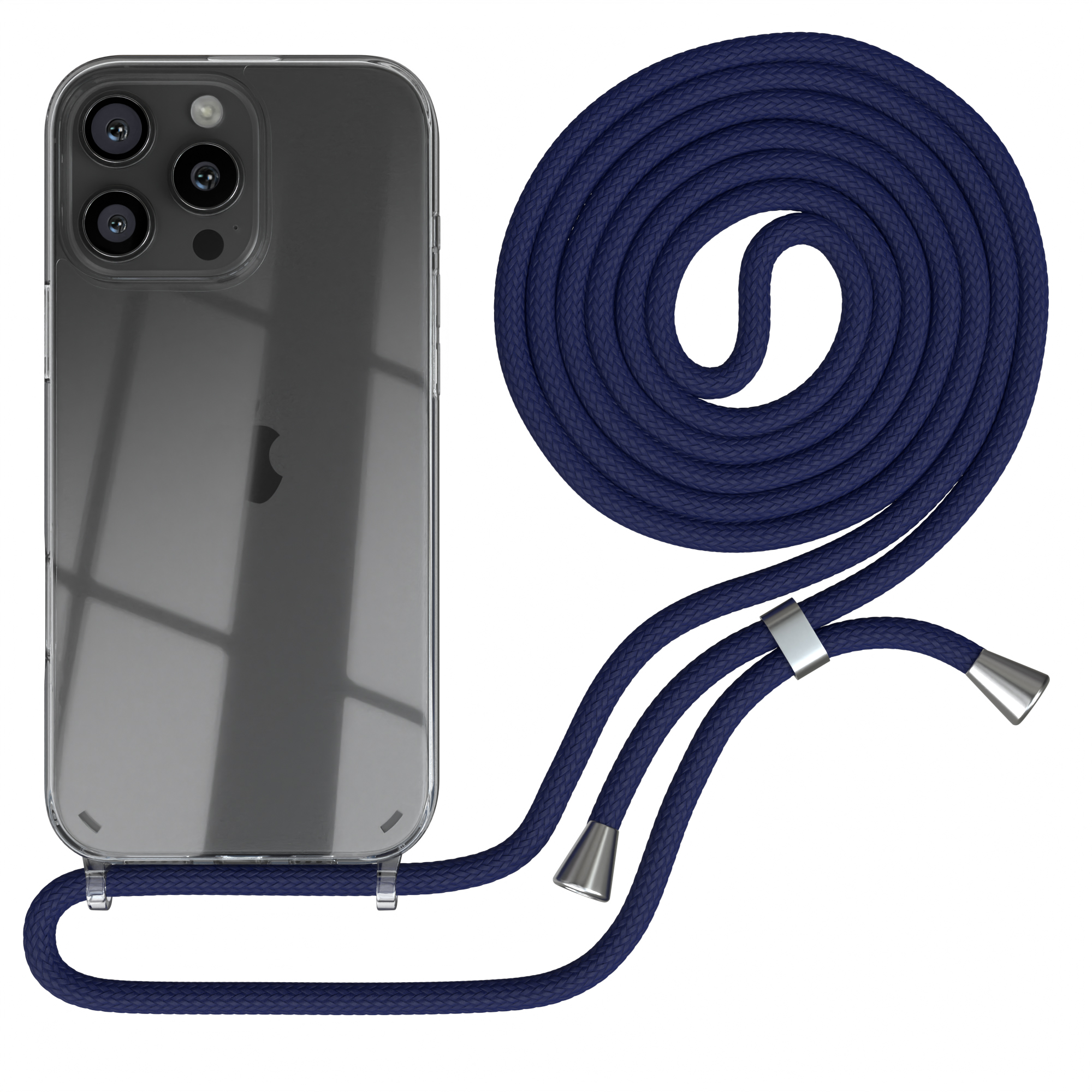 Transparente Handyhülle mit marineblauem Kordel. Telefon hat Dreifachkamera. Kordel ist gewickelt.