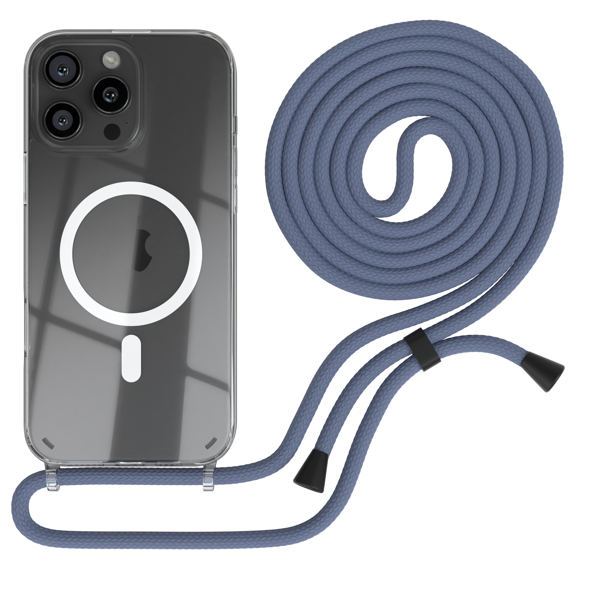 Handyhülle und ein blaues Schlüsselband. Das Telefon hat eine transparente Hülle mit weißem Kreis. Weißer Hintergrund.