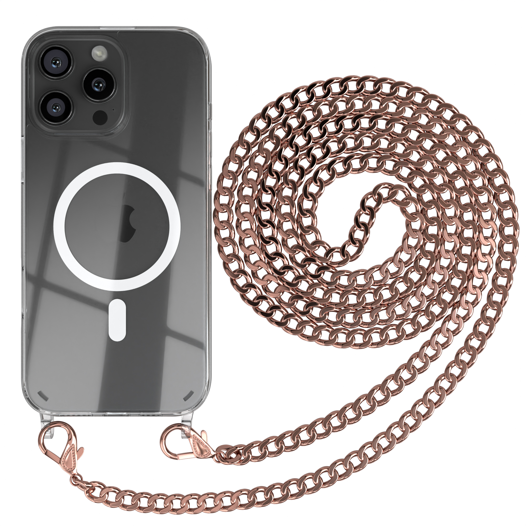 Telefon in transparenter Hülle mit roségoldener Kette, weißer Hintergrund.