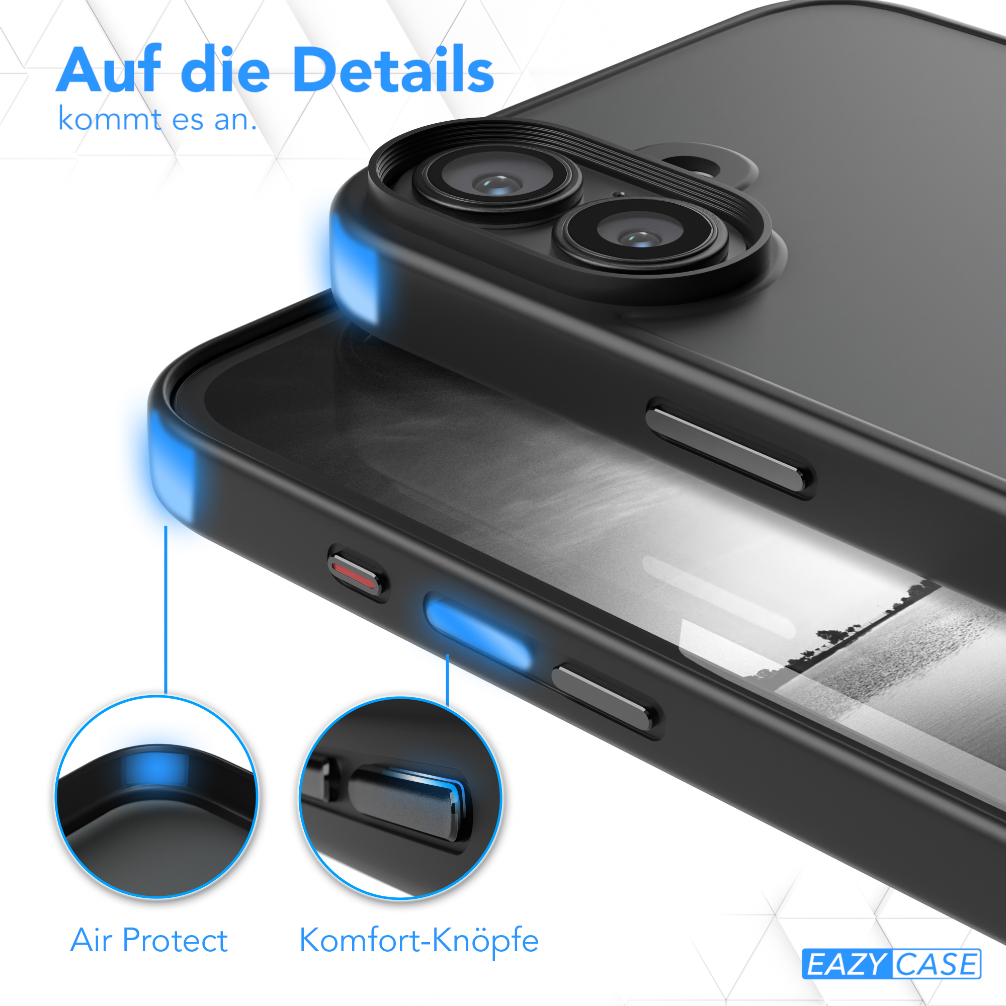 Nahaufnahme einer Handyhülle mit Luftschutz und Komfortknöpfen.