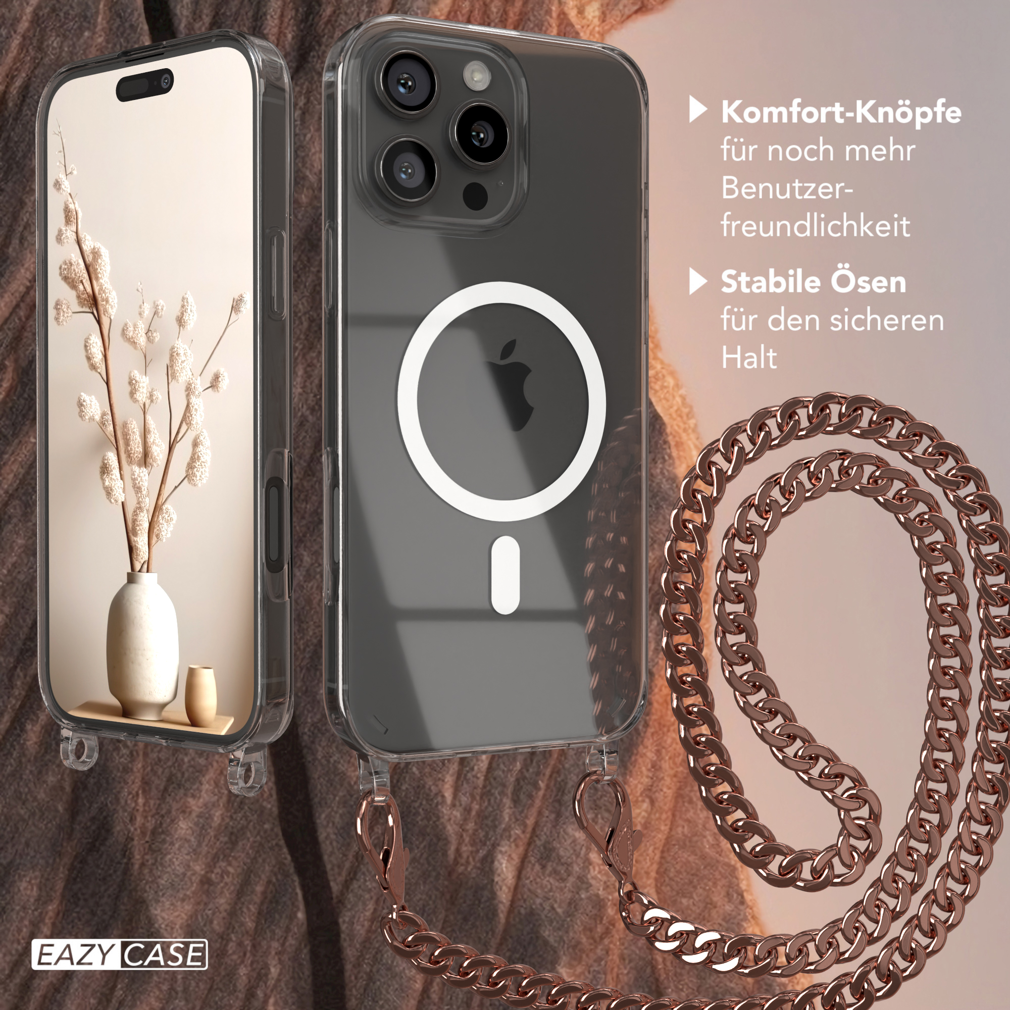 Handyhülle mit Kette. Das Telefon steht in einer Vase mit Blumen. Eine Kette ist vorhanden.