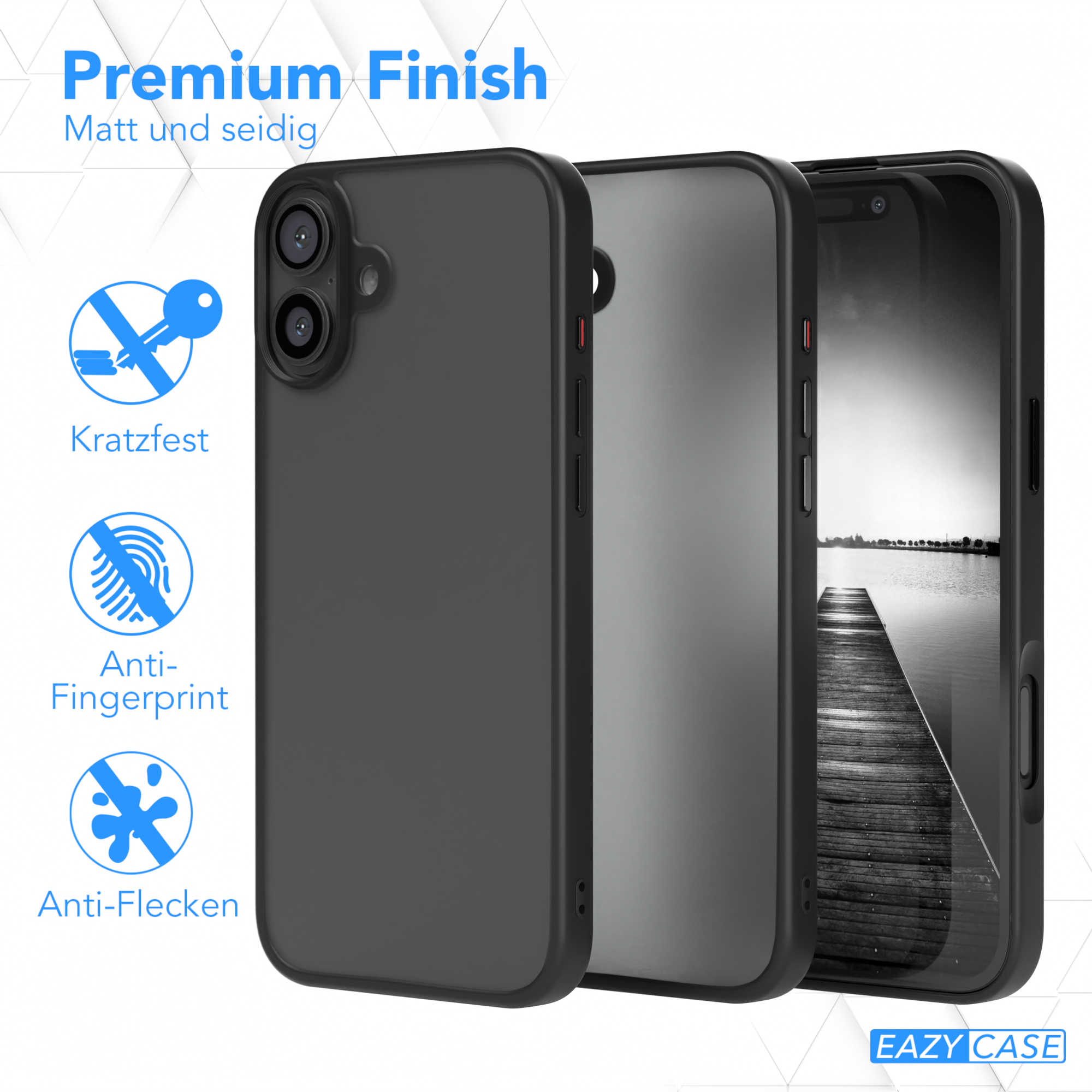 Drei Handyhüllen. Eine ist schwarz, die mittlere grau und die rechte klar. Alle haben ein Premium-Finish.