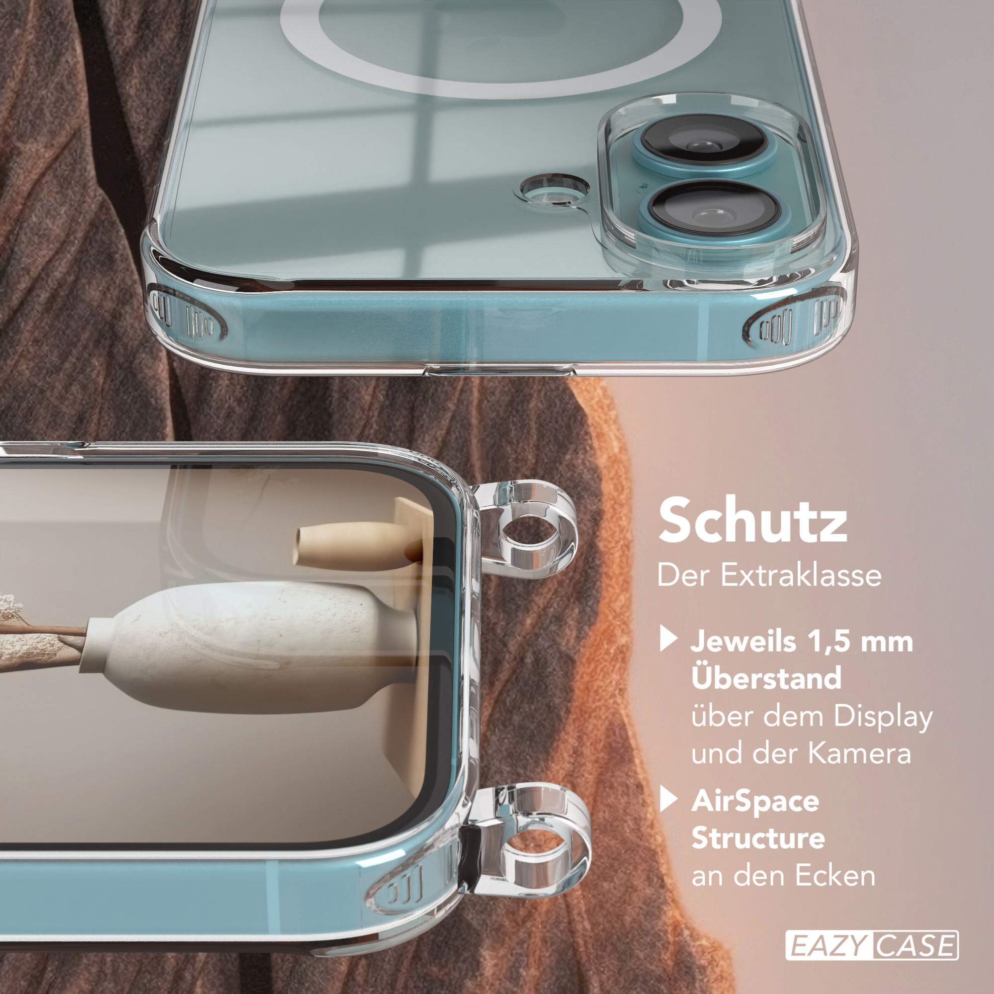 Handyhülle mit Vase im Inneren, Nahaufnahme. Text: 1,5 mm über Display und Kamera.