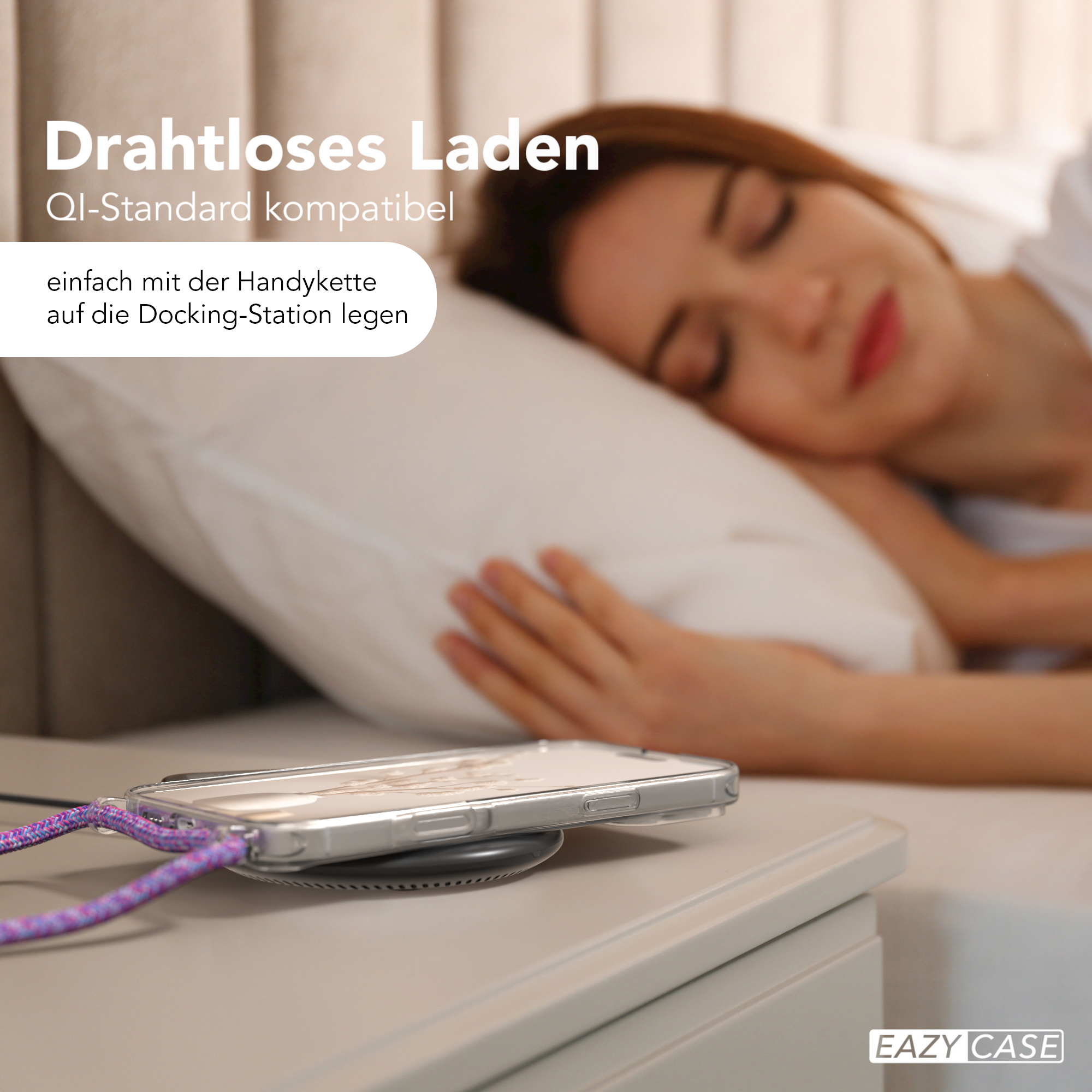 Frau schläft neben einem Telefon auf einem Ladepad. Text: Kabelloses Laden.
