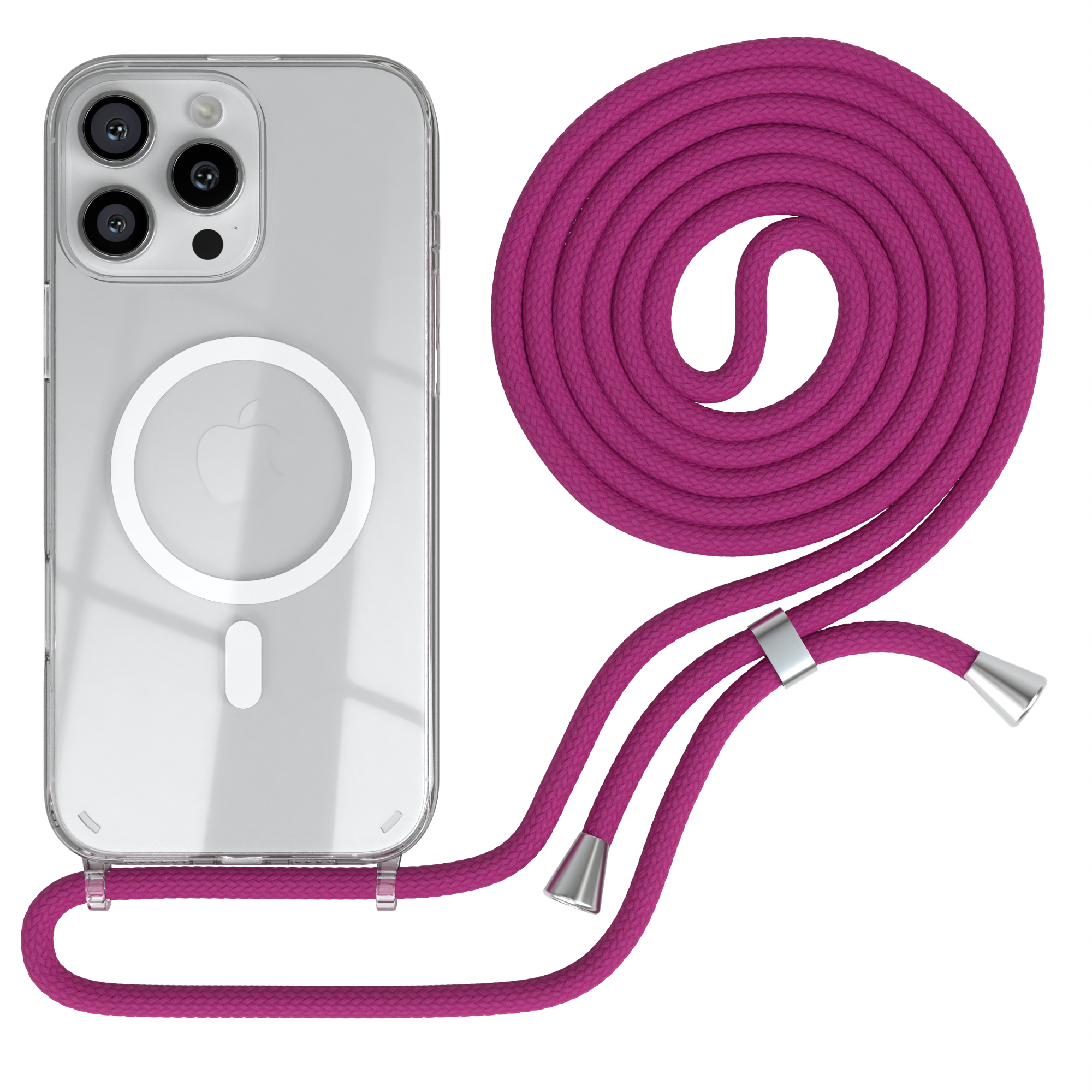 Eine Handyhülle mit Lanyard. Die Hülle ist transparent und das Lanyard ist rosa.