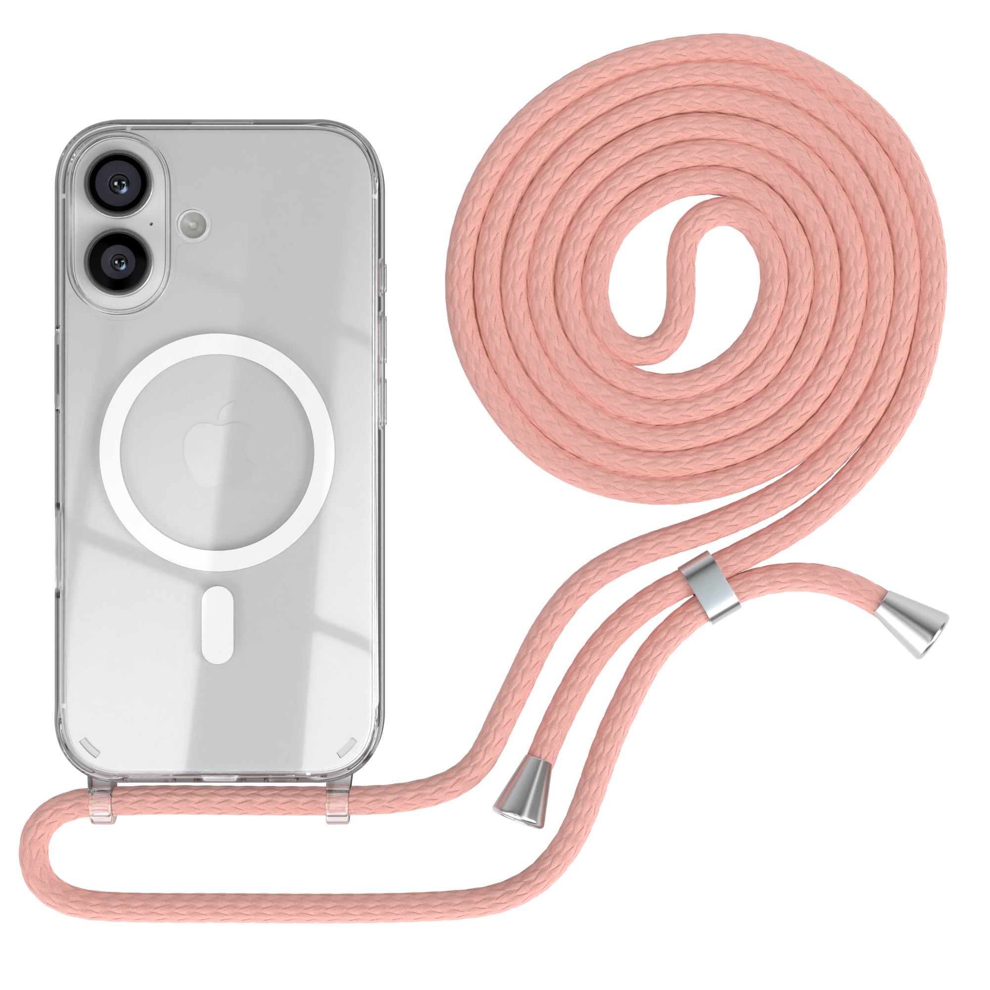 Eine transparente Handyhülle mit pinkfarbenem Band. Die Hülle ist an einem Telefon.