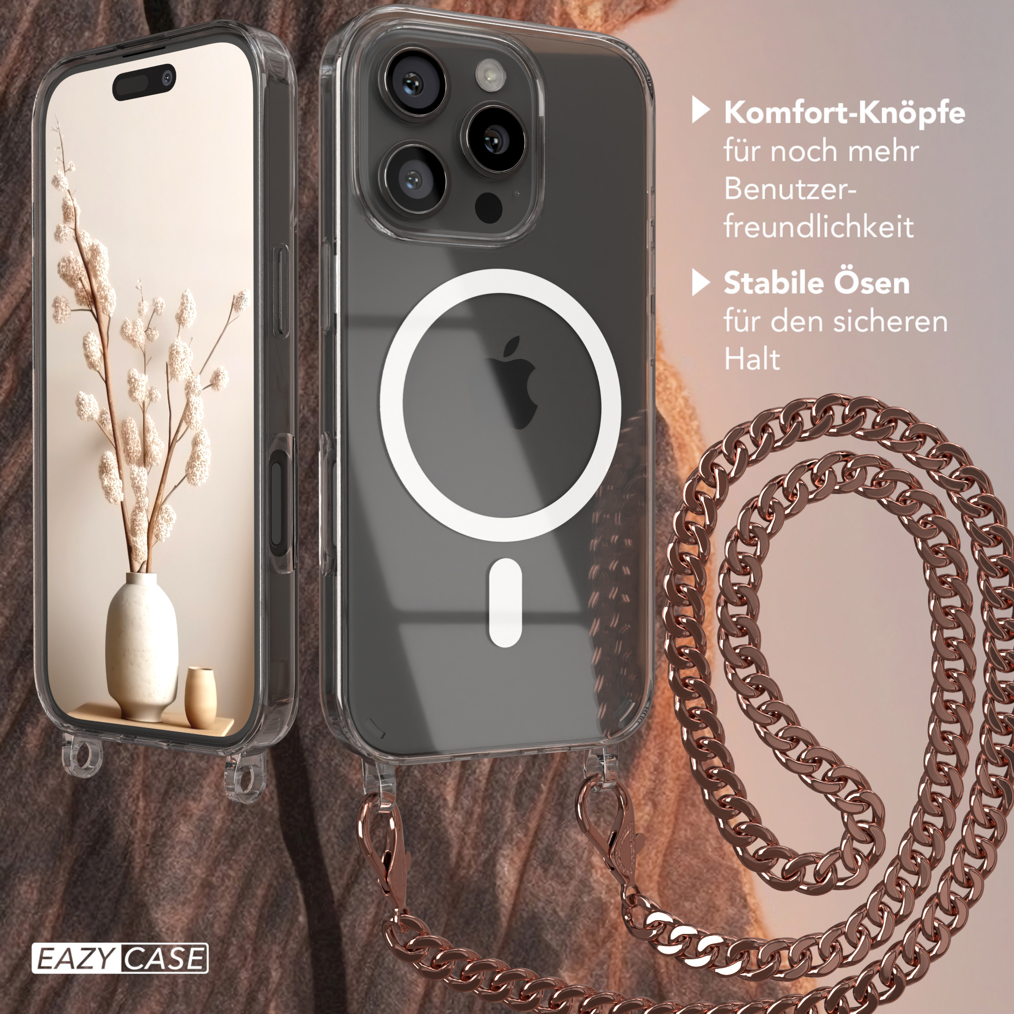 Zwei Handyhüllen mit Kette und eine Vase mit Blumen. Text: EAZY CASE. Weißer Kreis auf dem Telefon.