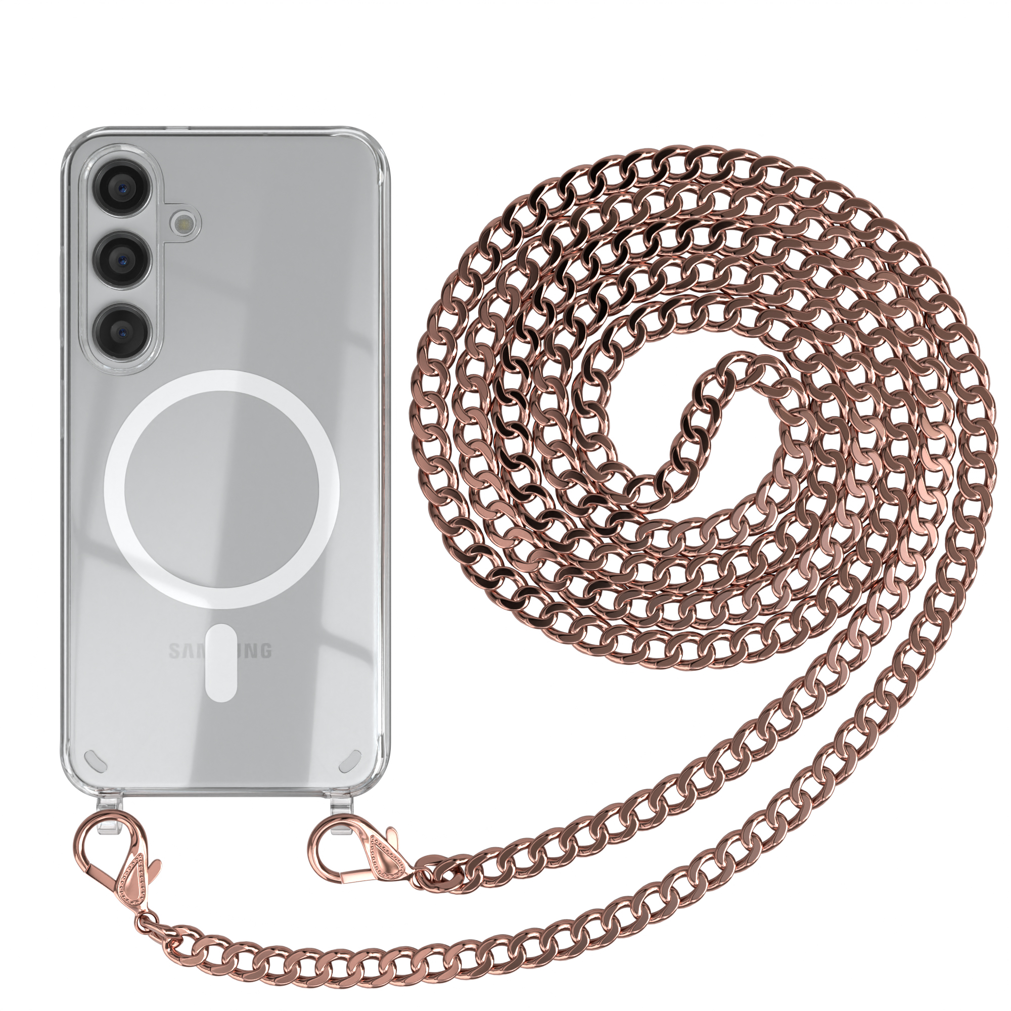 Transparente Handyhülle mit kupferfarbenem Kettenriemen. Das Telefon ist transparent.