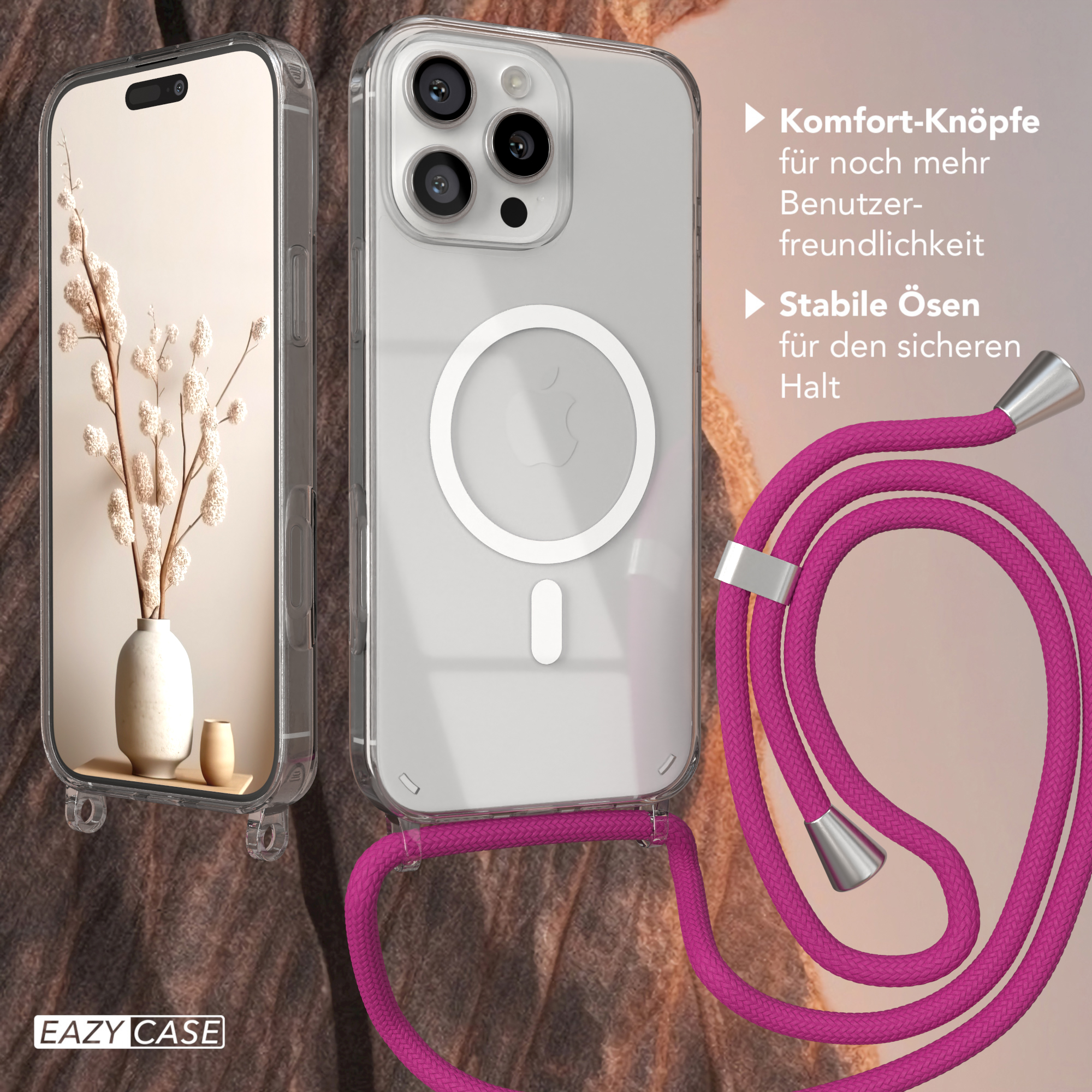 Transparente Handyhülle mit pinkfarbenem Band; ein Telefon ist darin. Text: 'Komfort-Knöpfe' und 'Stabile Ösen'.