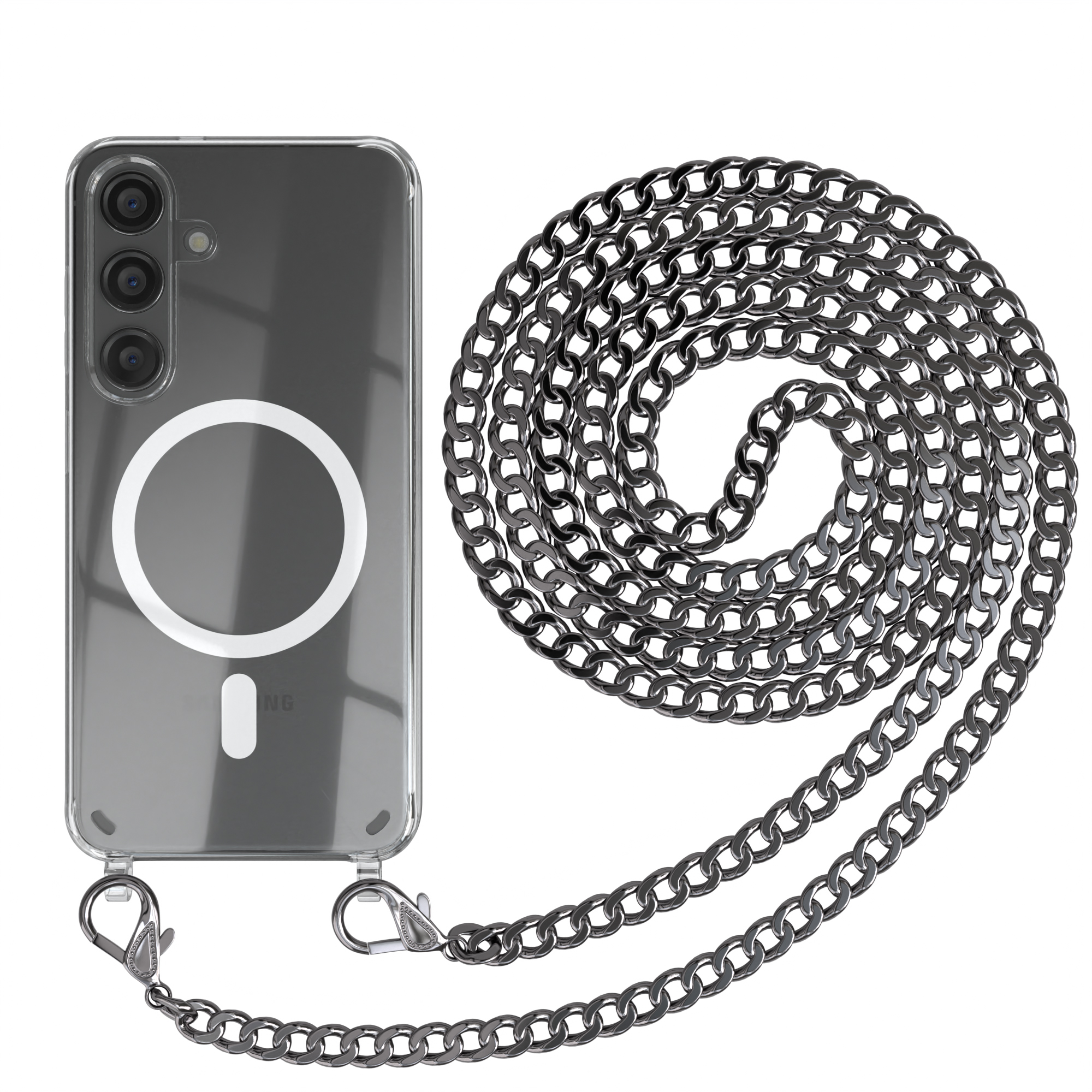 Telefon mit Kettenriemen, transparenter Hülle und Magnetkreis.