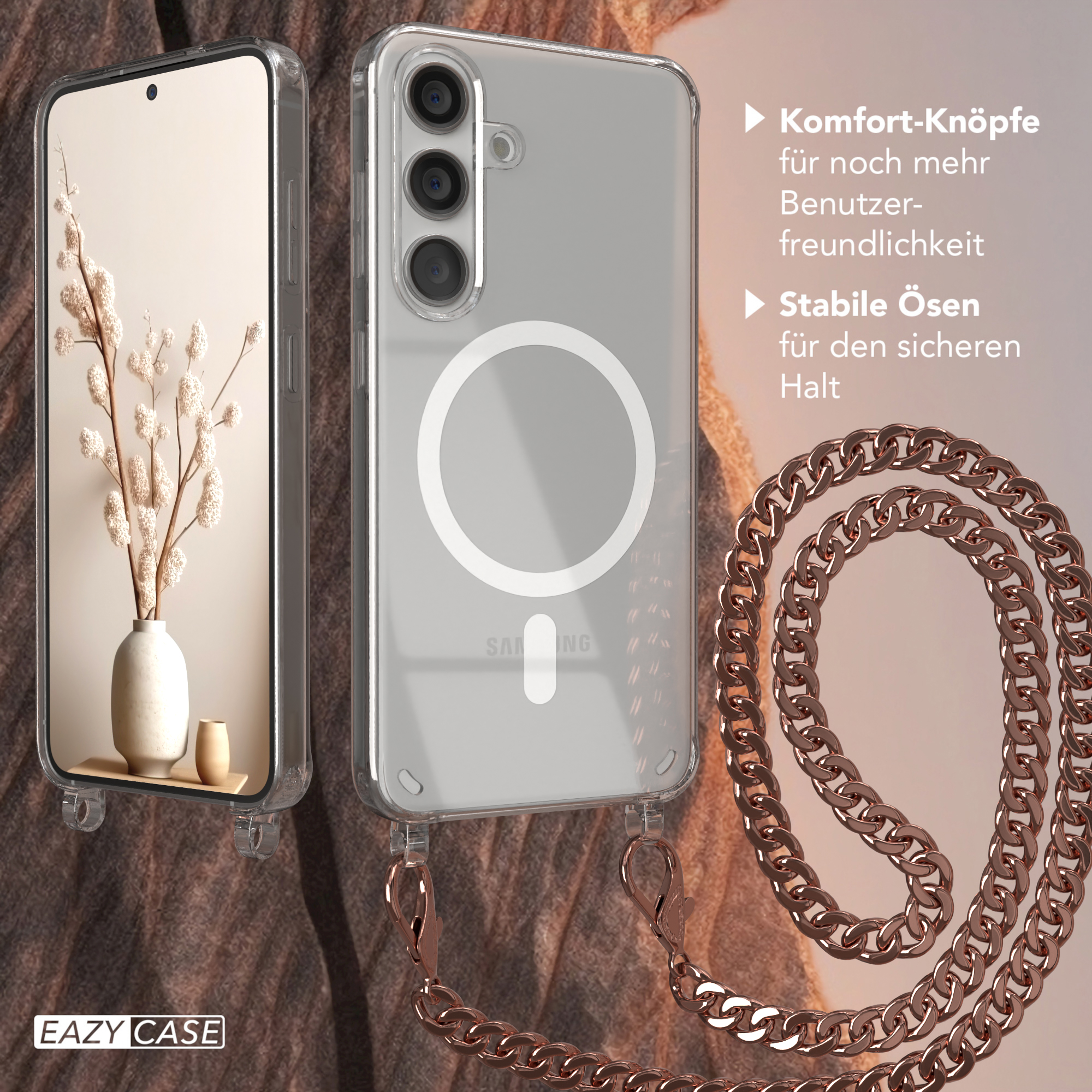 Transparente Handyhülle mit Handy, Vase und Kette, und Text.