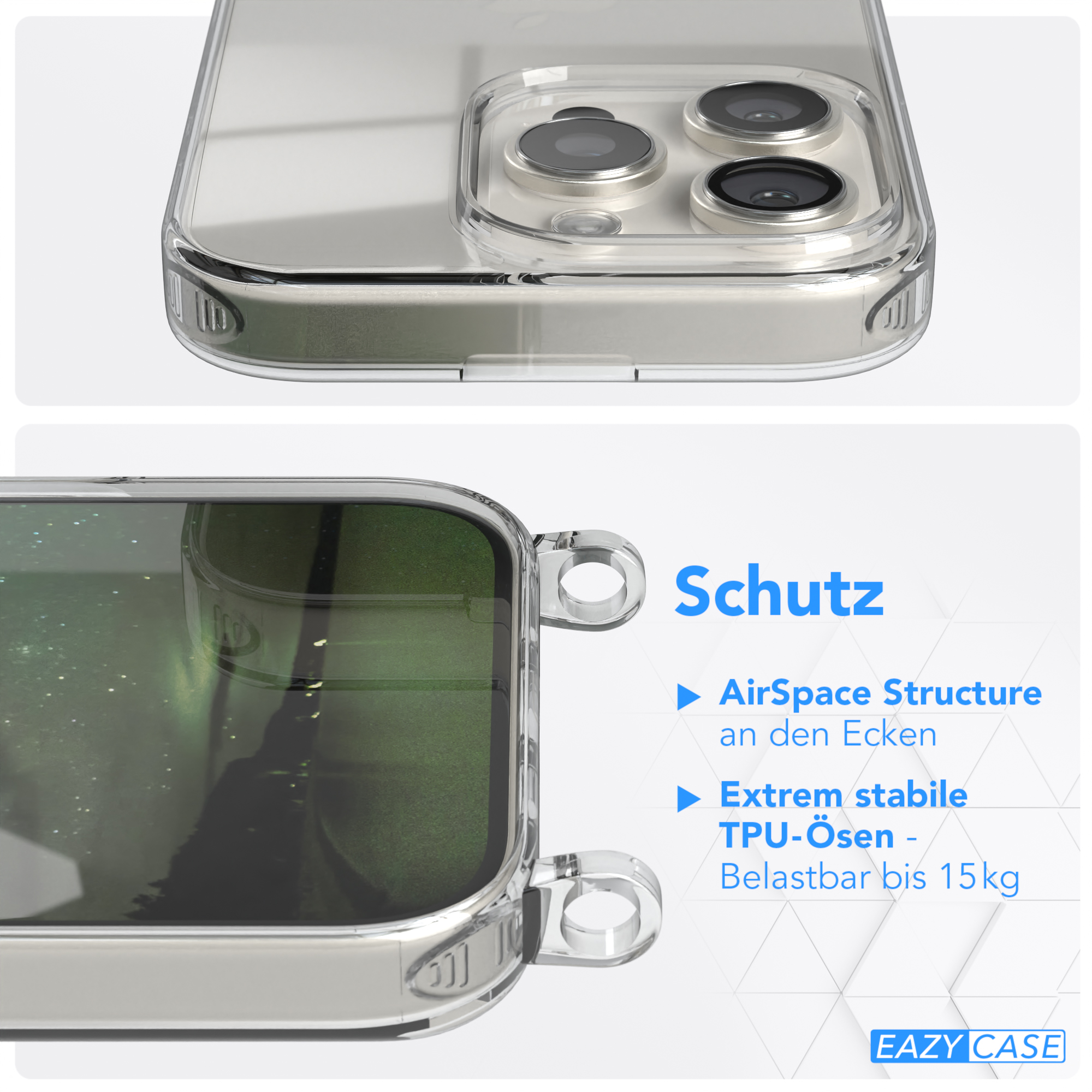 Transparente Handyhülle mit durchsichtigem Rücken und Schutzecken, Text: AirSpace Structure.