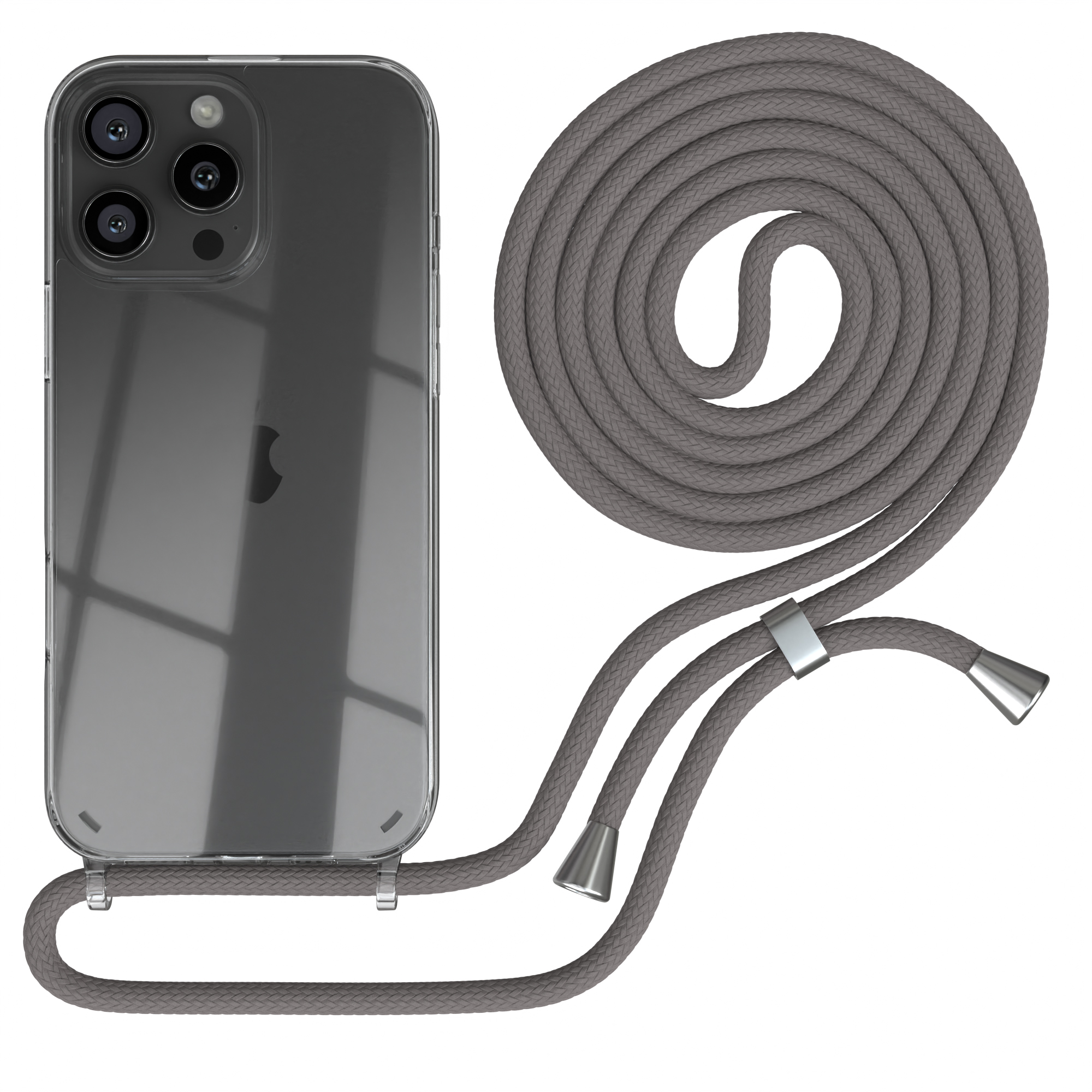 Transparente Handyhülle mit grauem Kordel. Das Telefon ist silber mit Kamera. Kordel befestigt.
