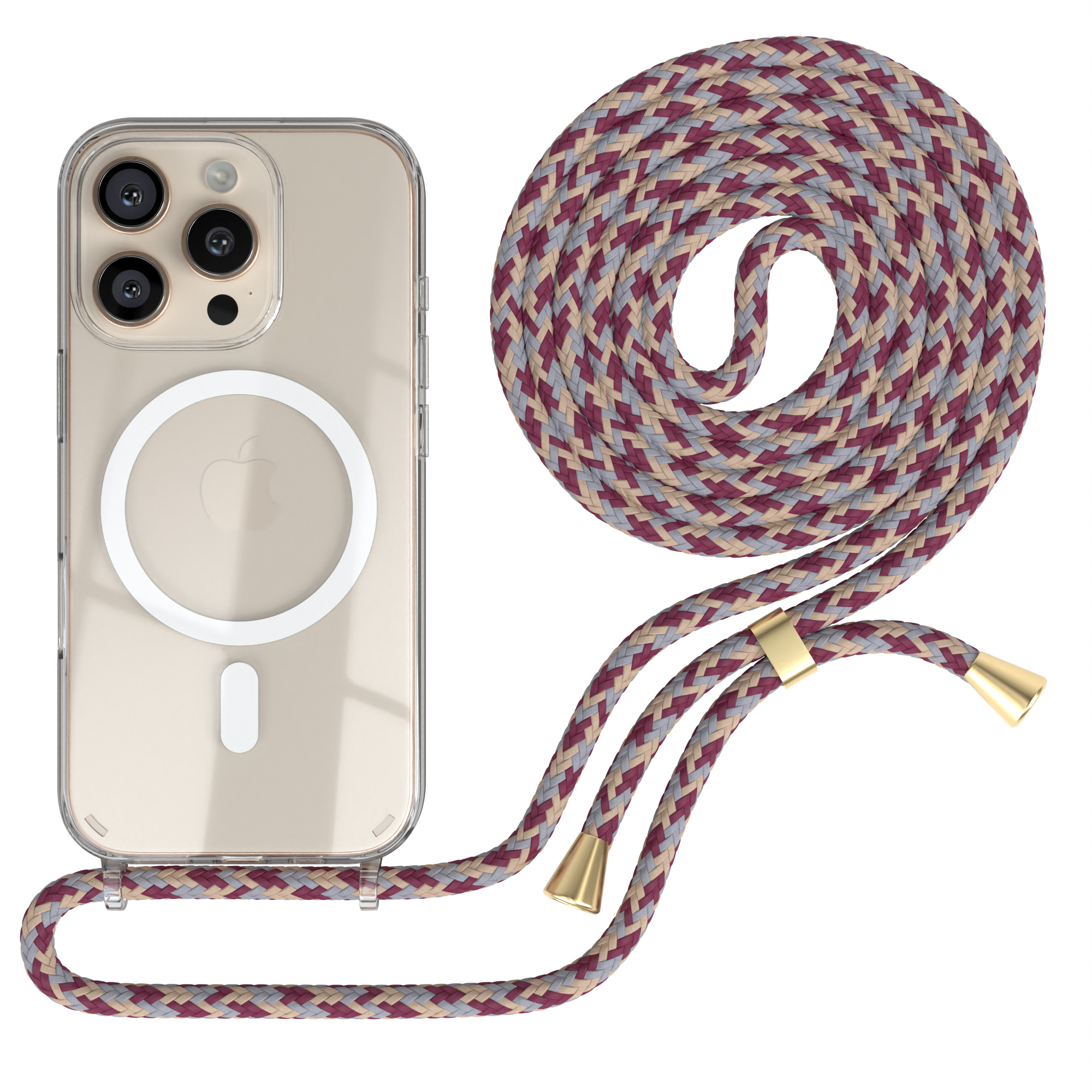 Transparente Handyhülle mit weinrotem geflochtenem Lanyard. Das Lanyard ist aufgerollt.